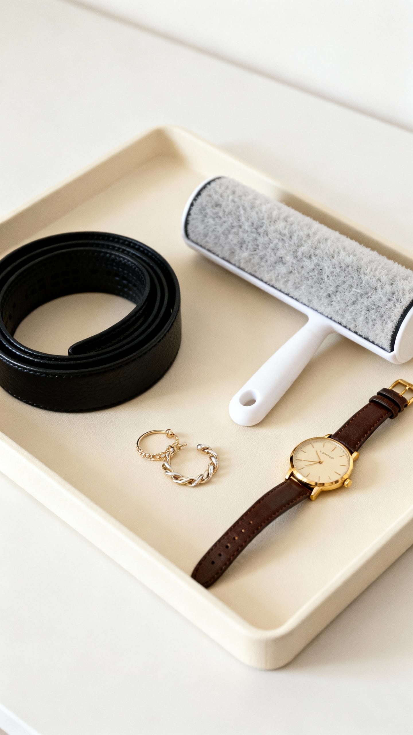 Accessory tray with daily jewelry set, black belt, lint roller, gold watch, cream surface
