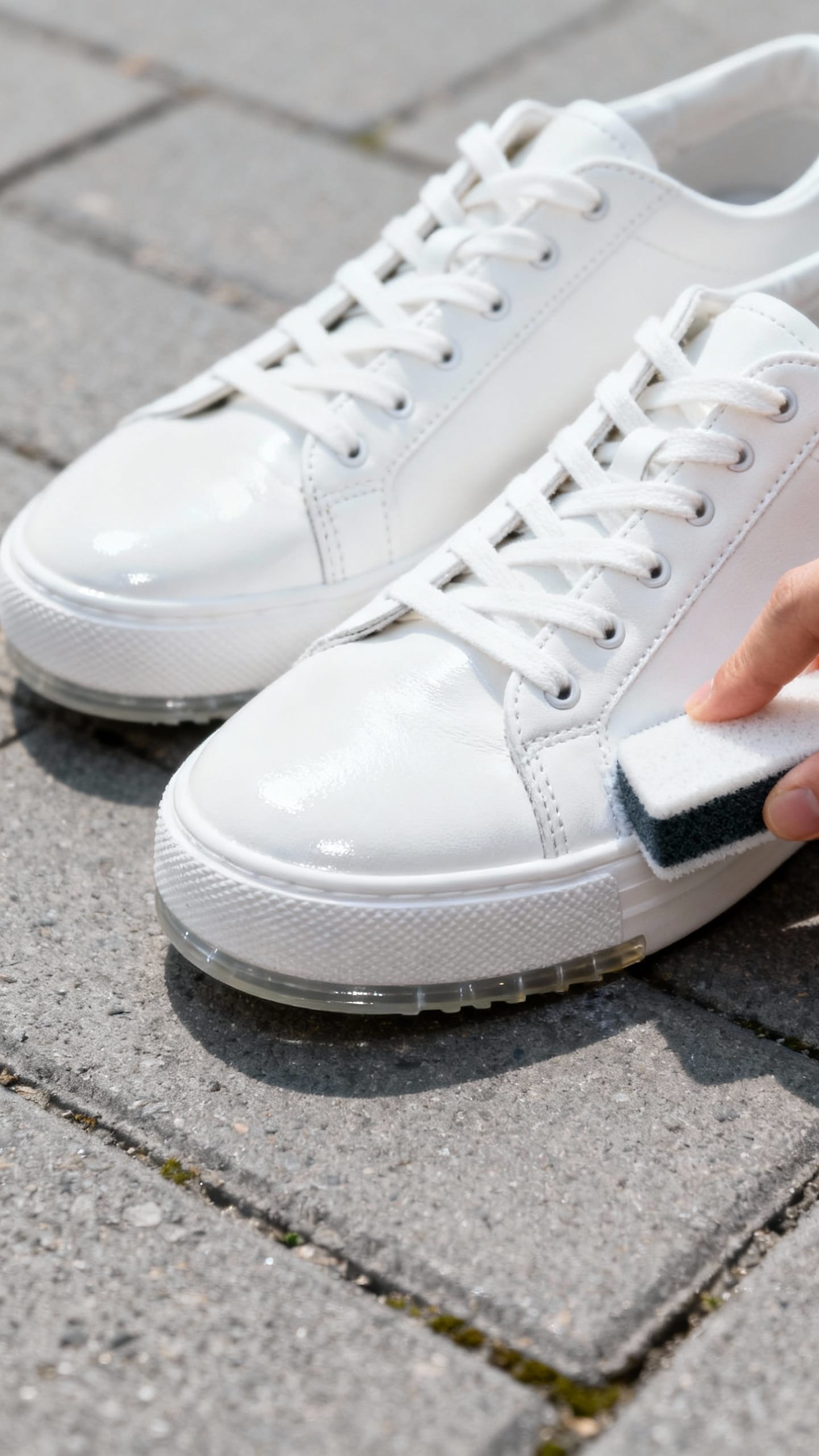 Clean white leather sneakers on pavement, magic eraser cleaning soles