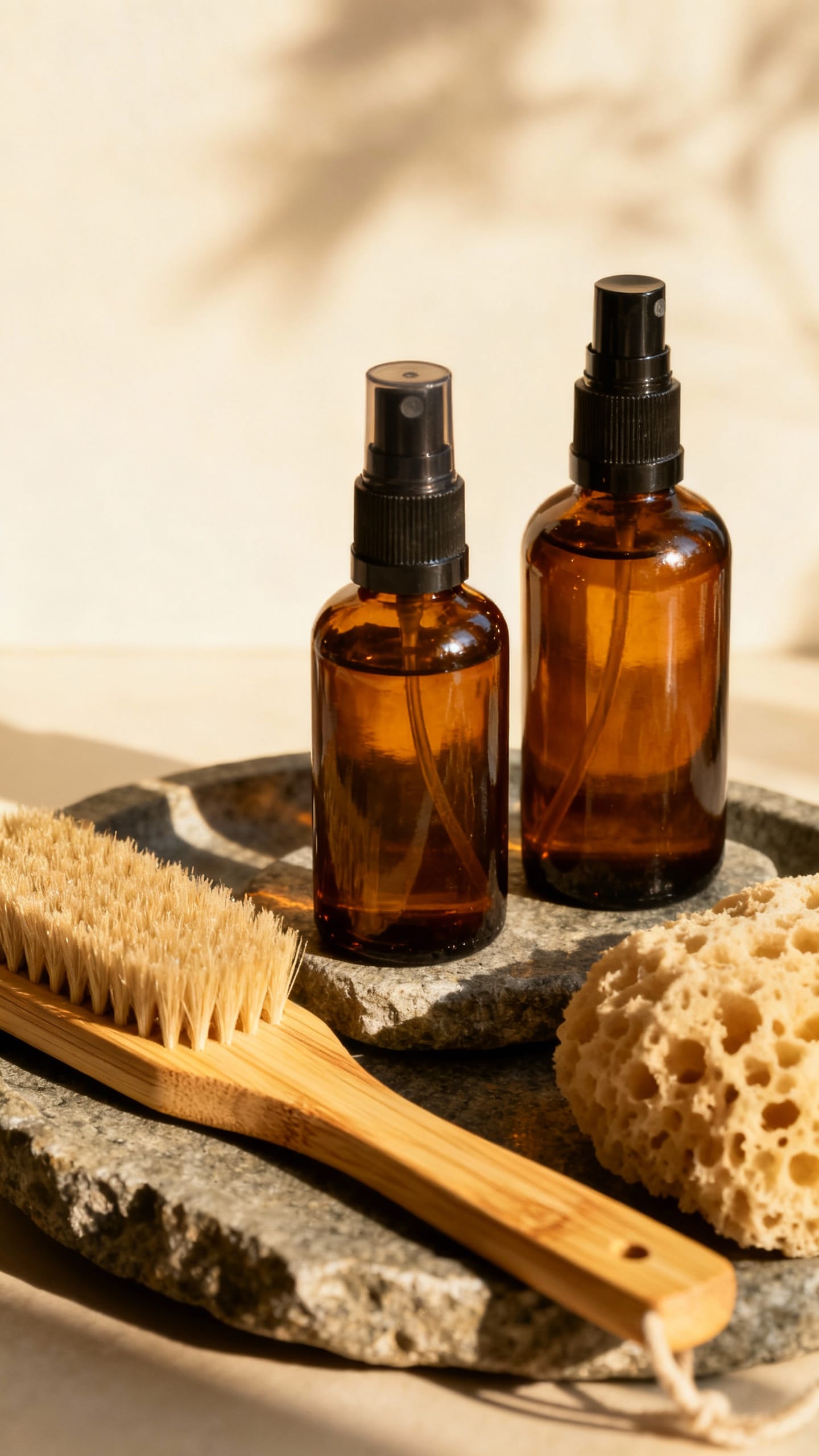 Closeup amber glass spray bottles on stone tray, bamboo brushes, natural sponges, soft sunlight