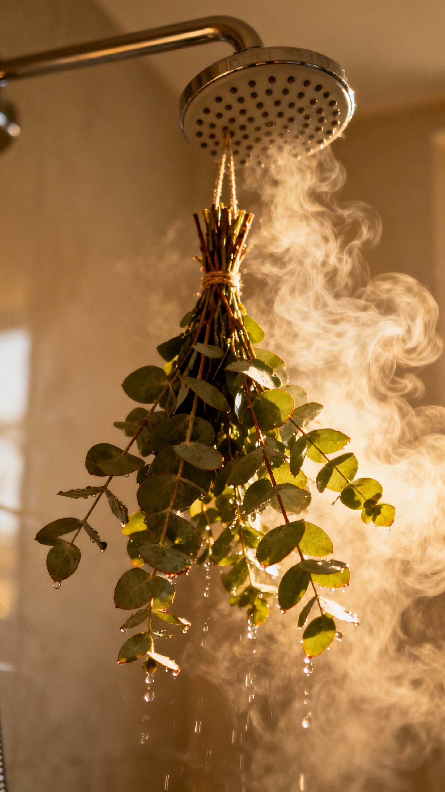 Closeup eucalyptus bundle hanging from showerhead, steam swirling