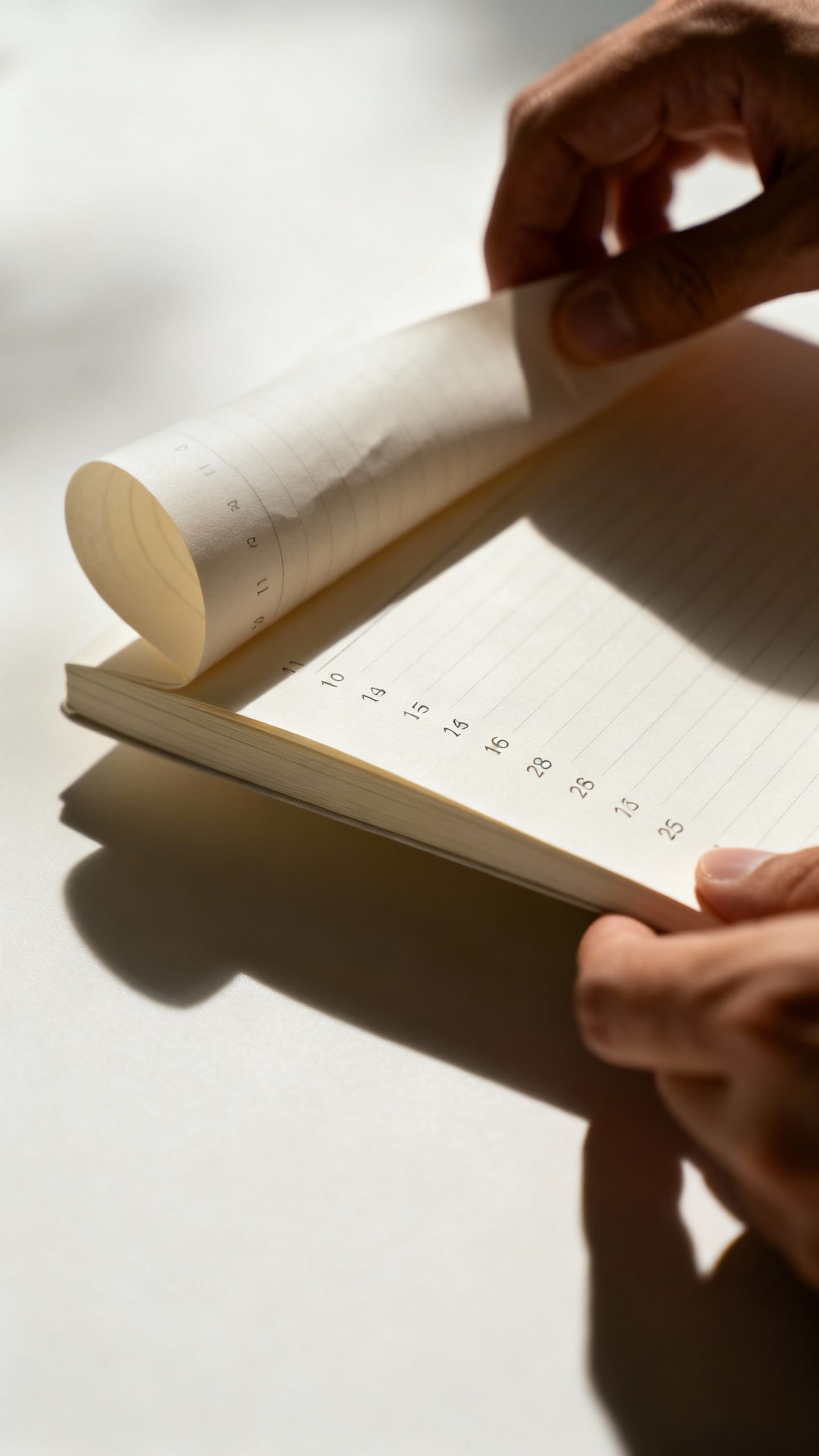 Closeup of A5 notebook index pages, numbered margins, ivory paper, soft shadows, male hands flipping