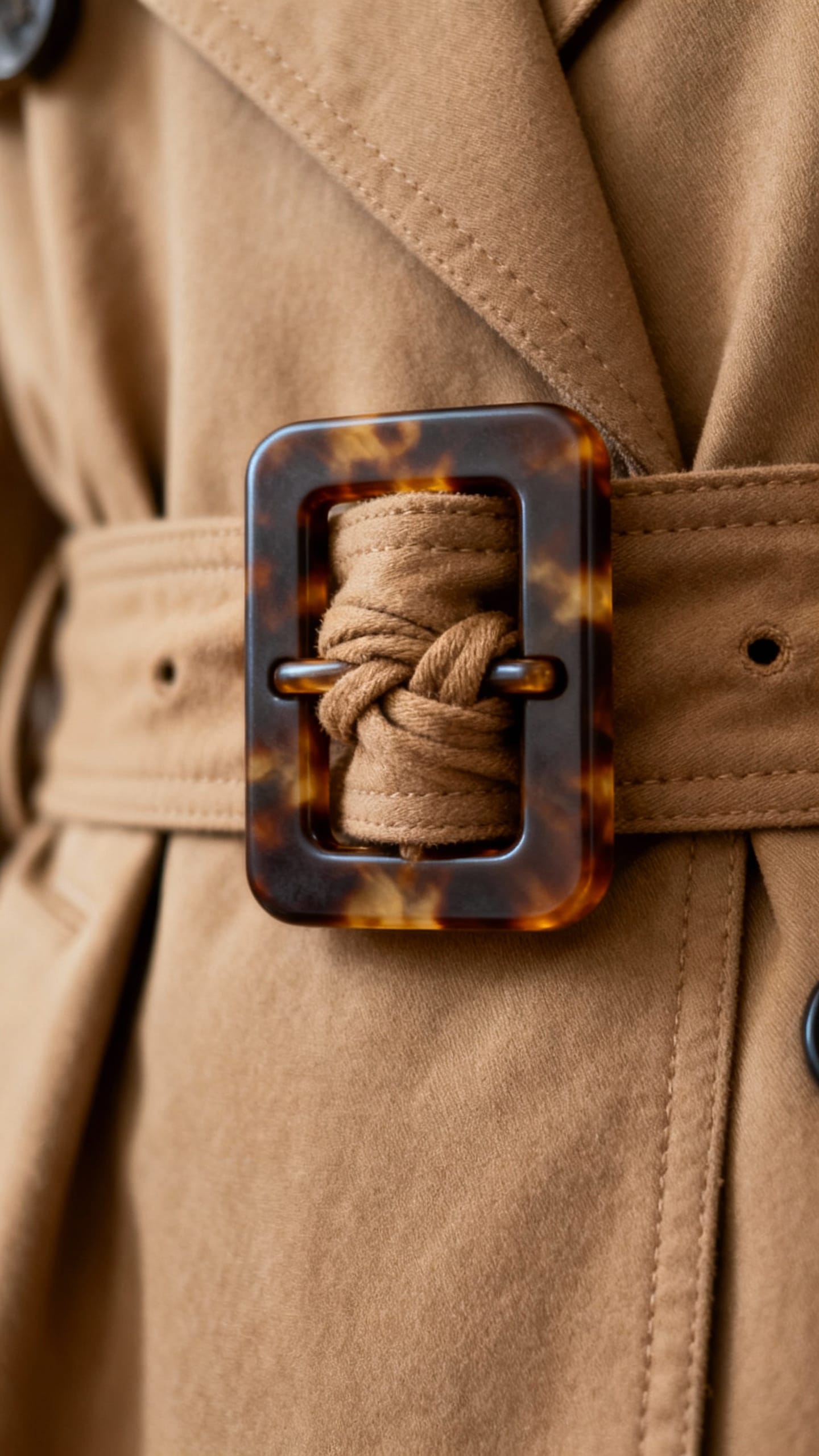 Closeup of camel trench coat belt knot, matte tortoiseshell buckle