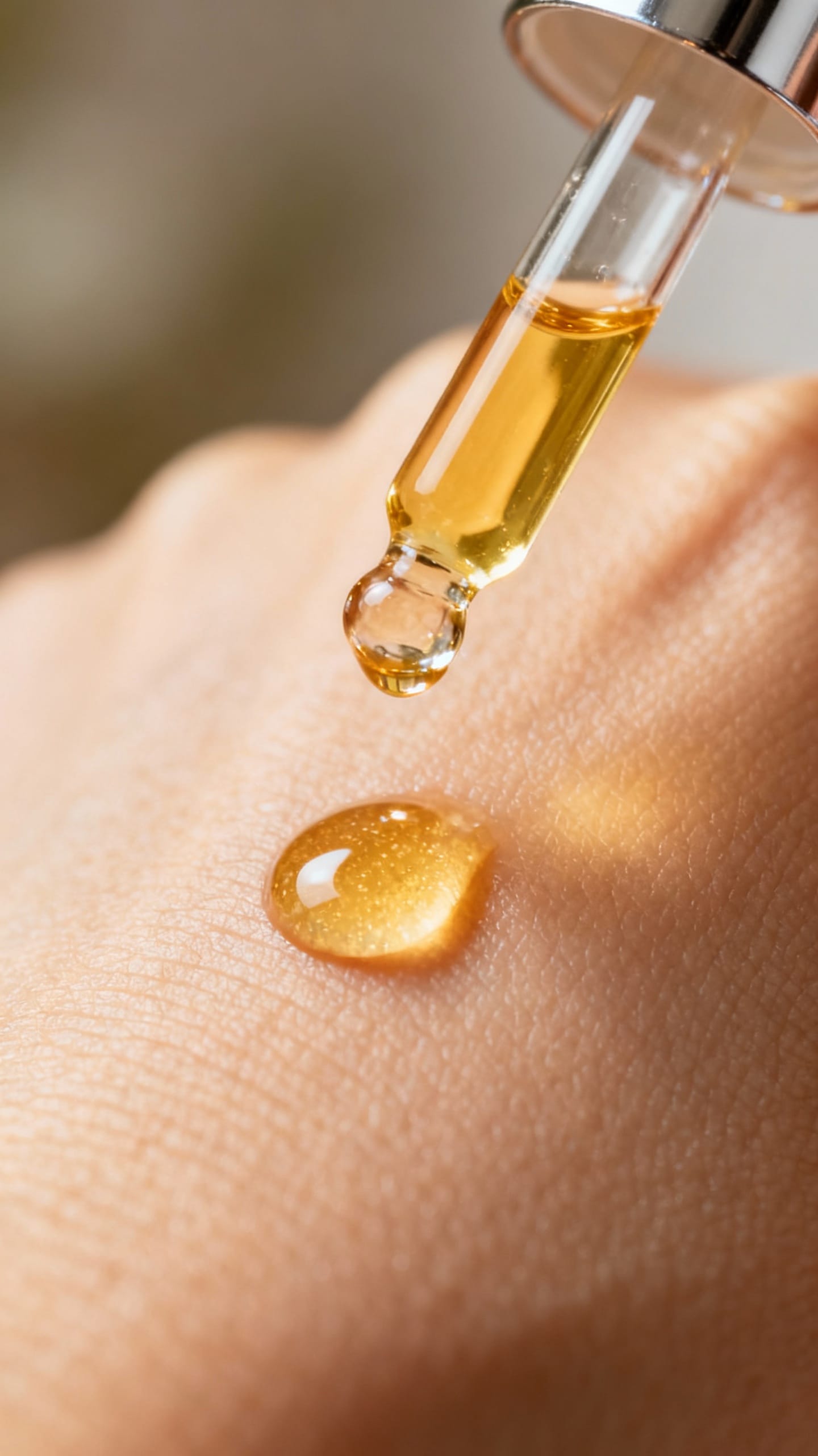 Closeup of dropper releasing golden vitamin C serum onto cheek