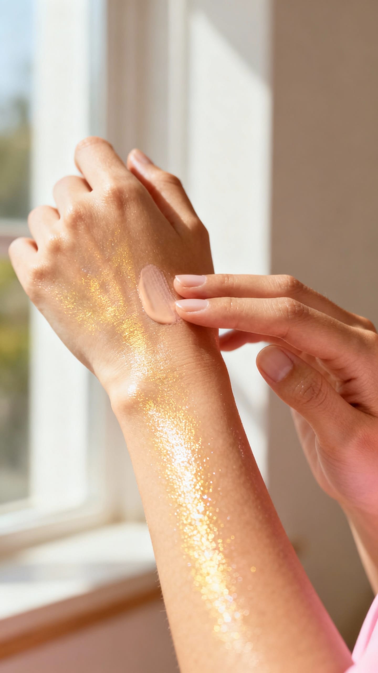 Closeup of female hands applying tinted sunscreen, dewy texture, daylight window