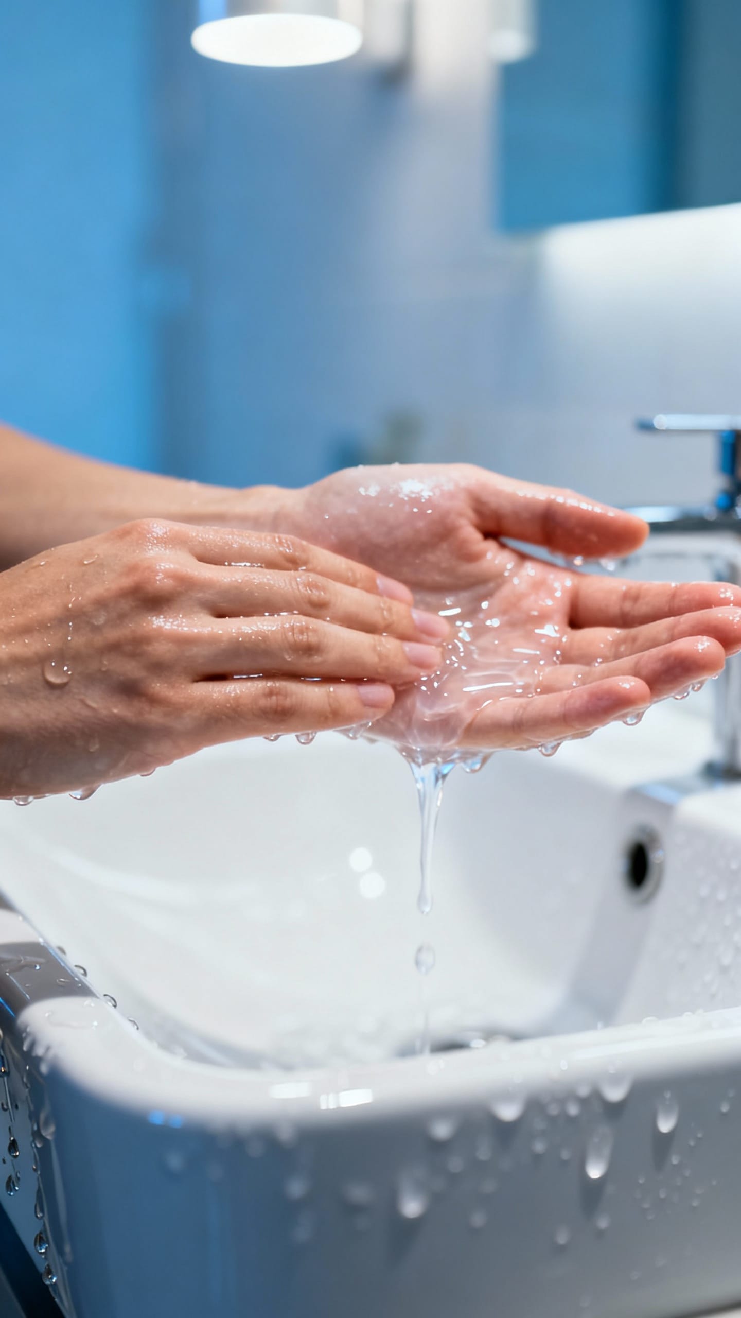 Closeup of hands applying gel cleanser, wet skin, bathroom sink