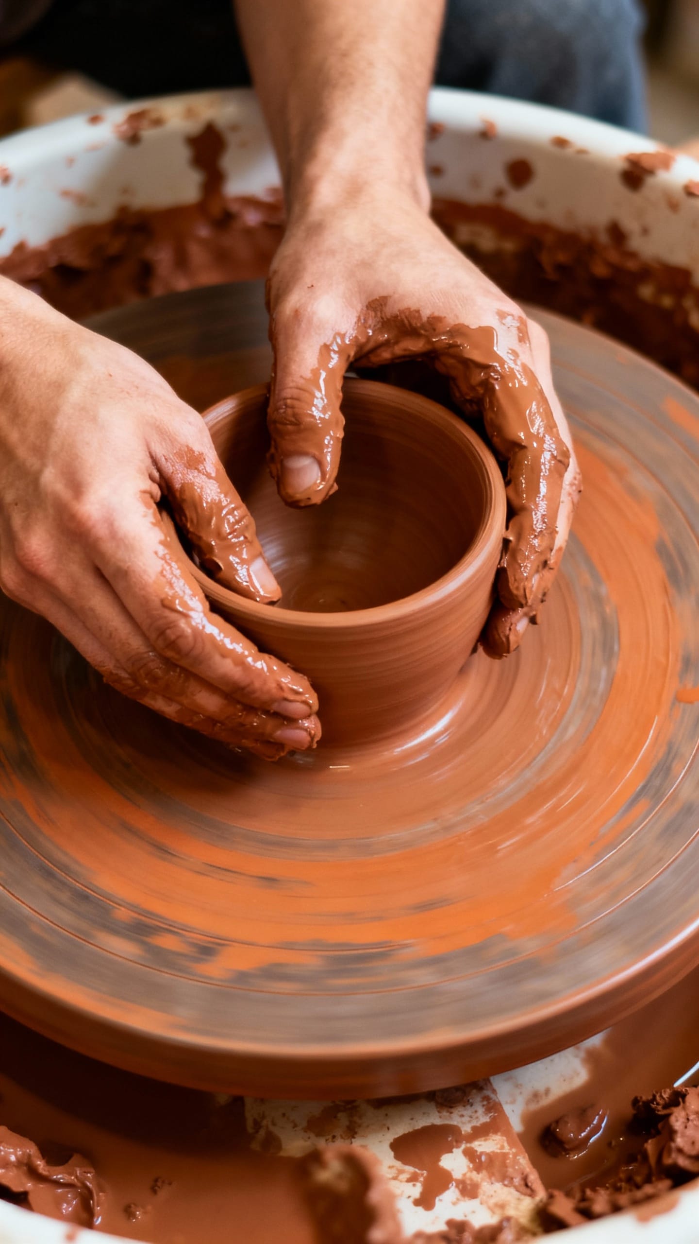Closeup of hands shaping clay on pottery wheel, wet terracotta, studio splatter