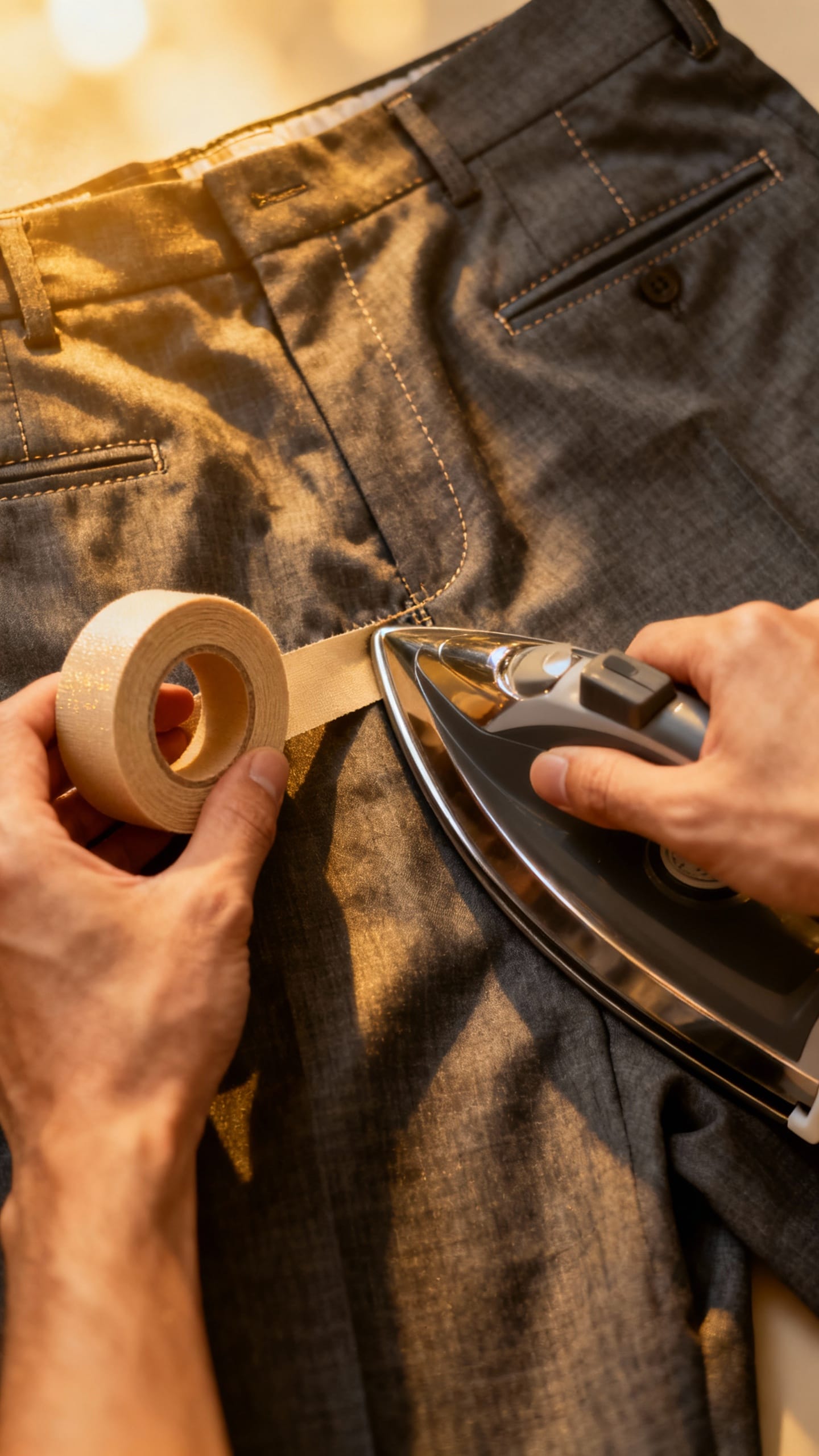 Closeup of hands using hem tape and iron on trousers