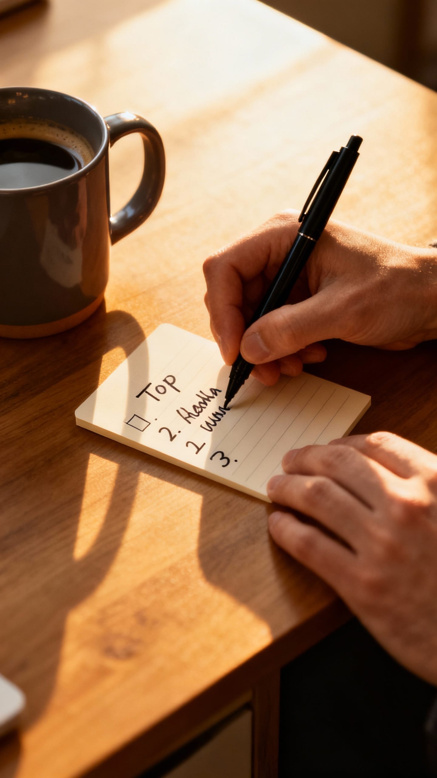 Closeup of hands writing top-three list on index card, morning sunlight, black pen, wooden desk, cof