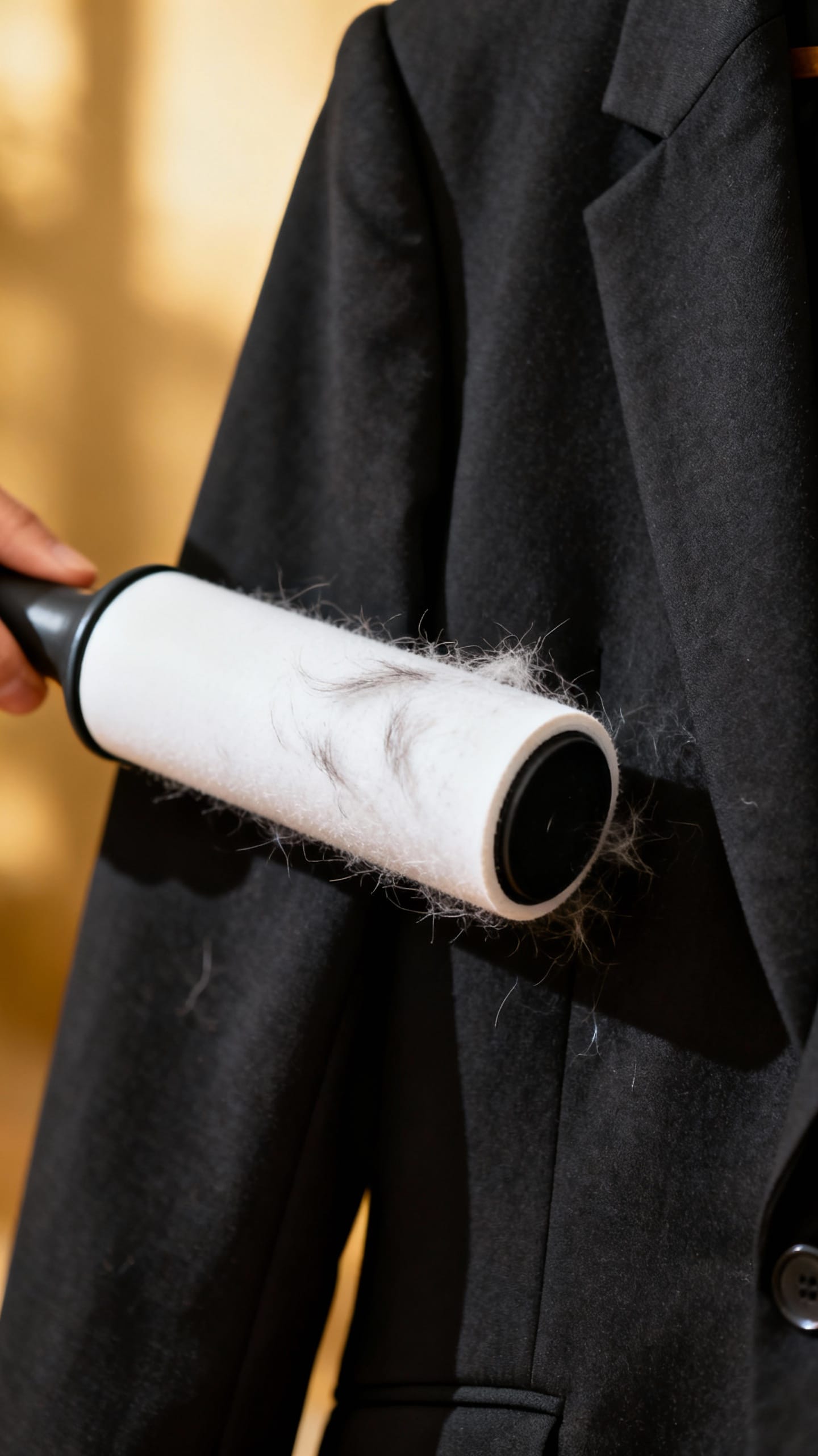Closeup of lint roller removing fuzz from black blazer sleeve