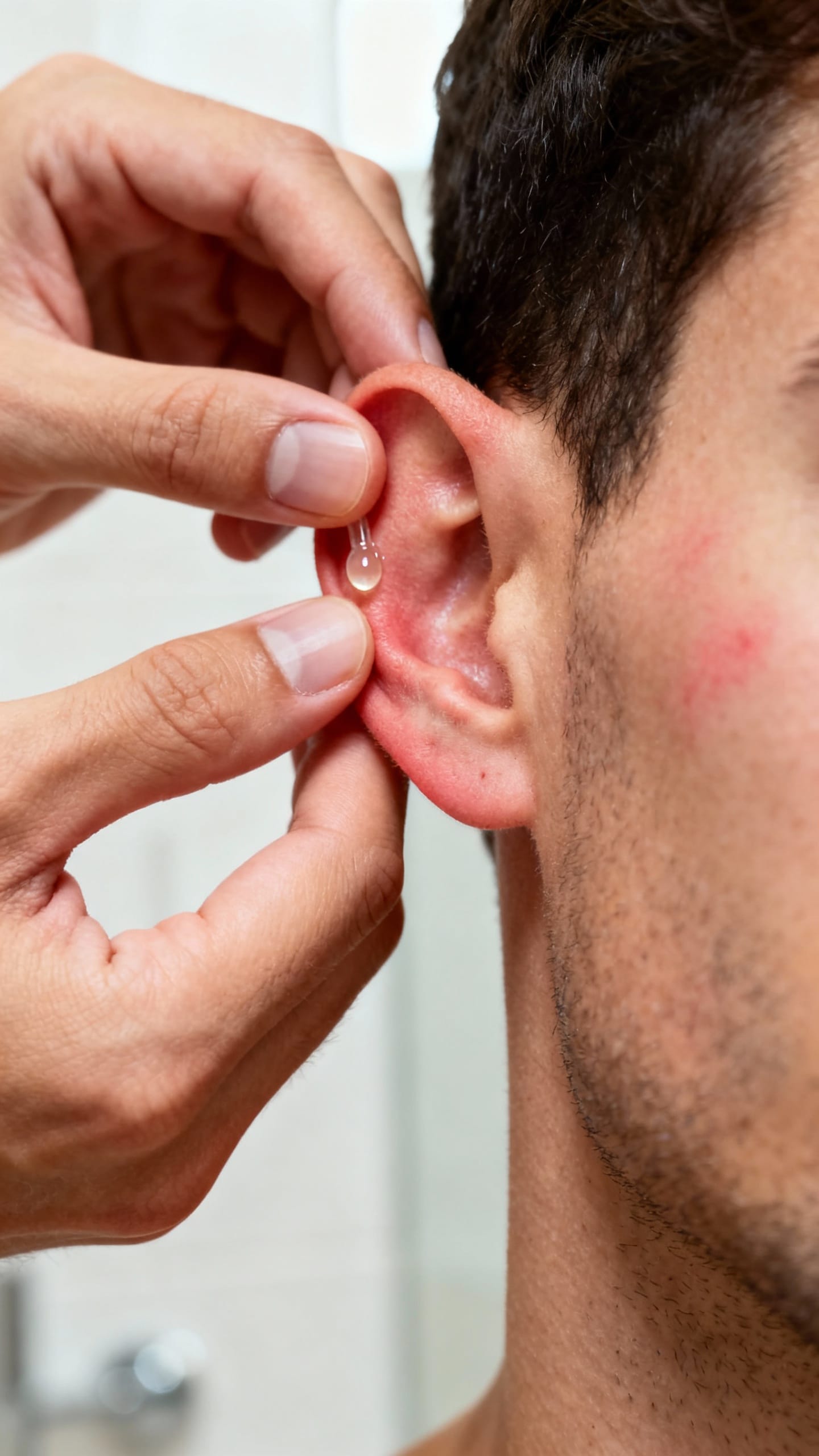 Closeup of male hands patch-testing serum behind ear, bathroom light
