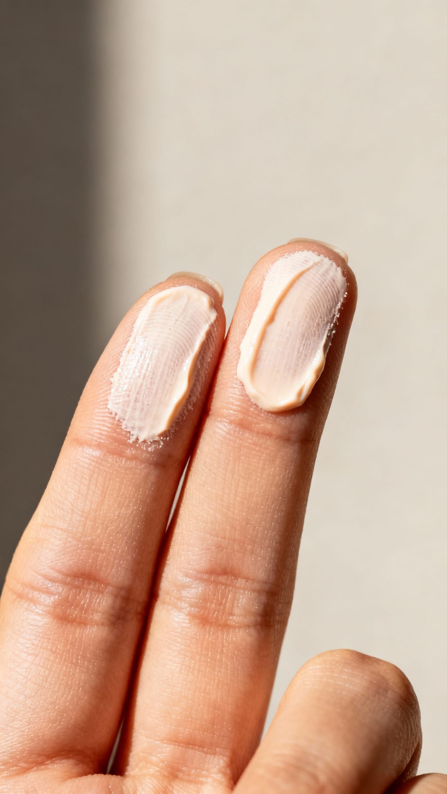 Closeup of mineral sunscreen two finger-lengths on female hand, creamy texture