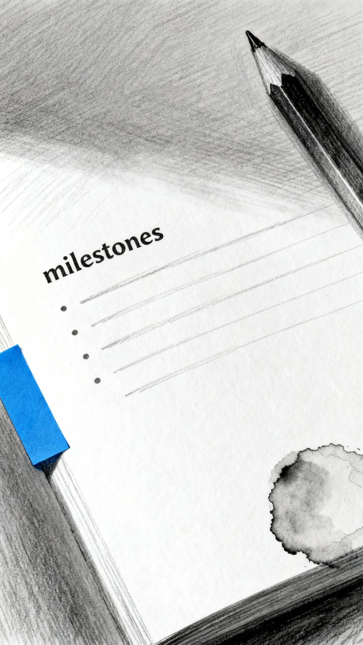 Closeup of project page spread, “milestones” bullets implied, graphite pencil, coffee ring stain