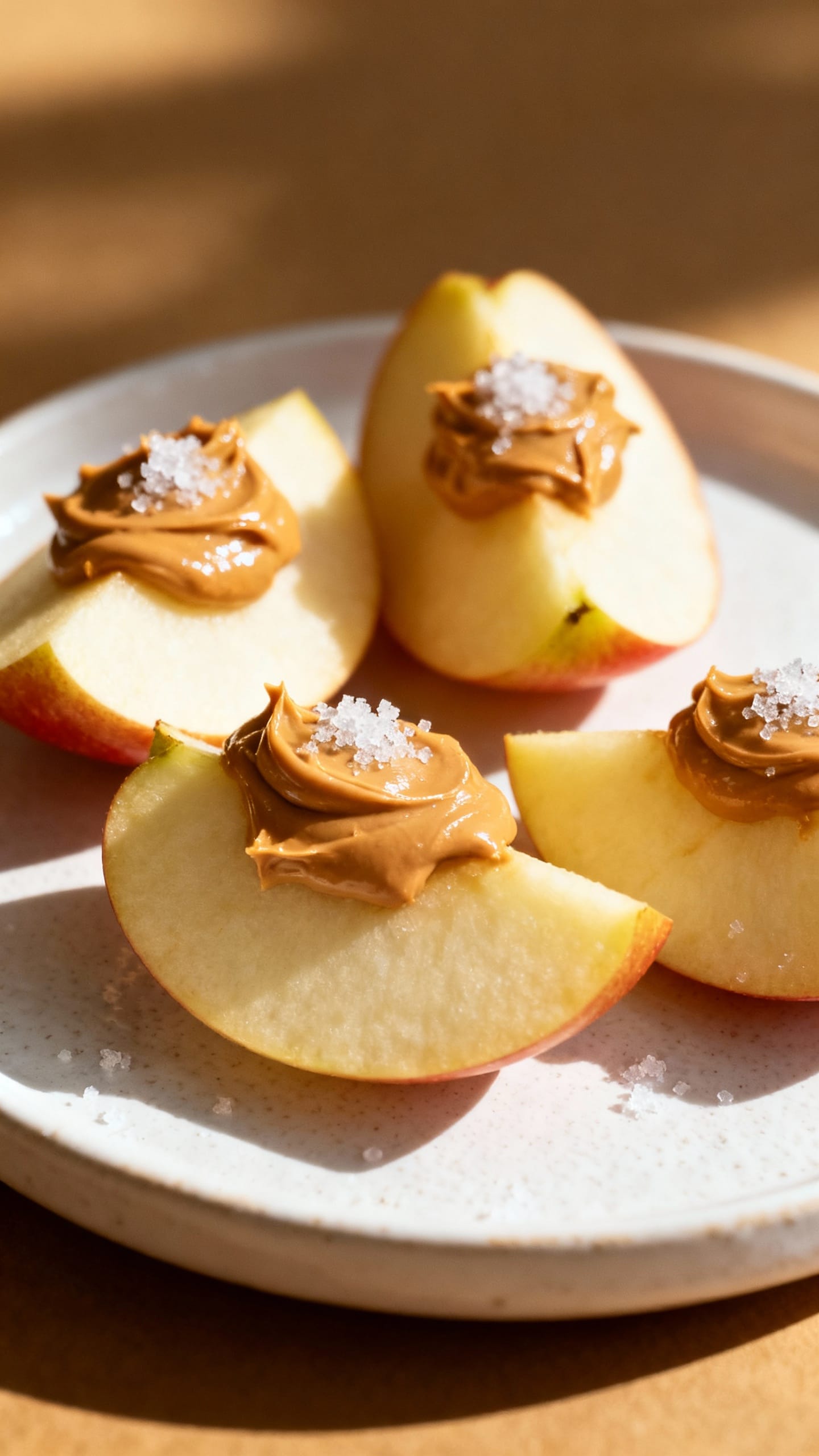 Closeup of sliced apple with salt and peanut butter on small plate