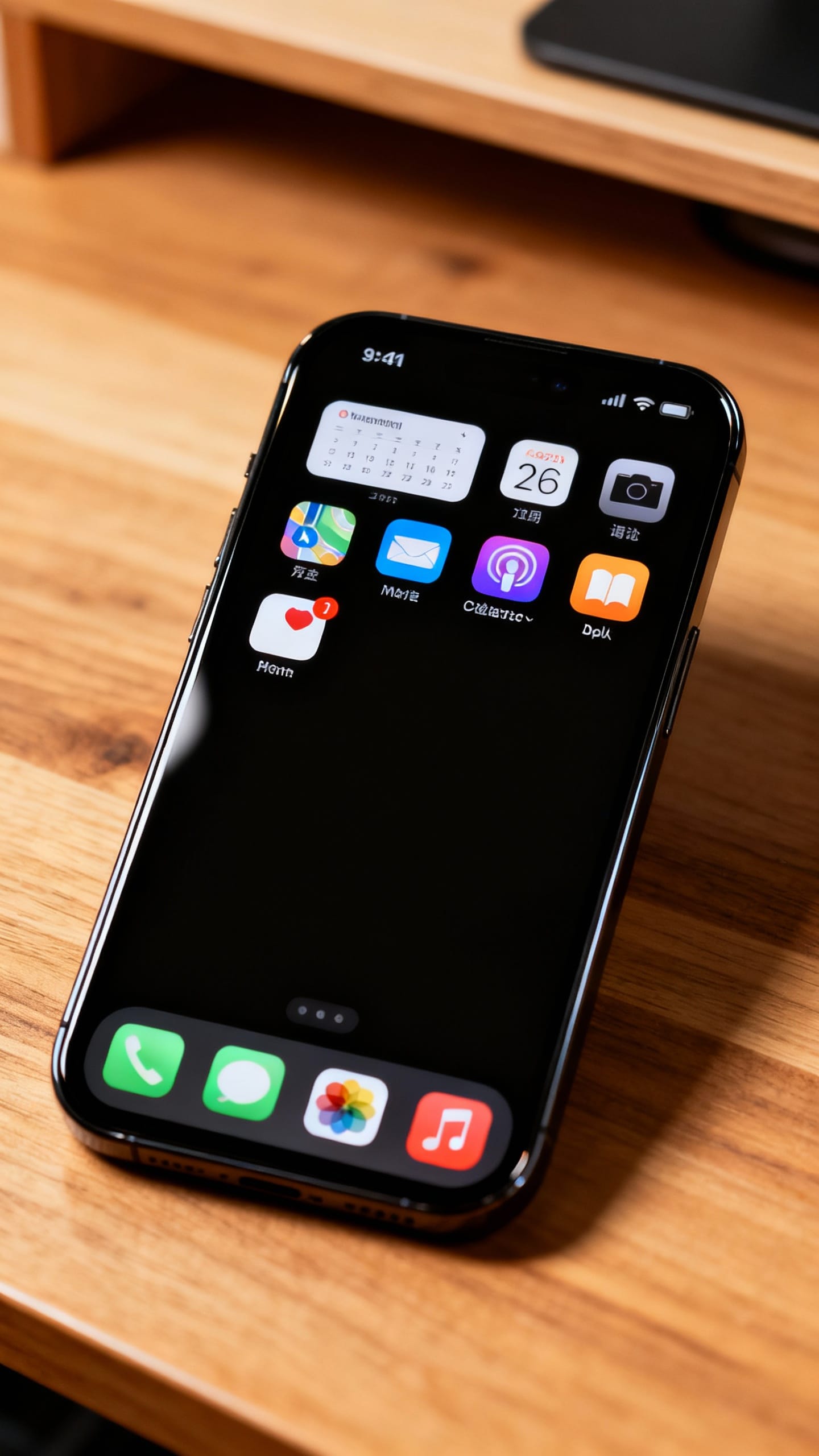 Closeup of smartphone home screen with nine colorful app icons, single calendar widget, notification