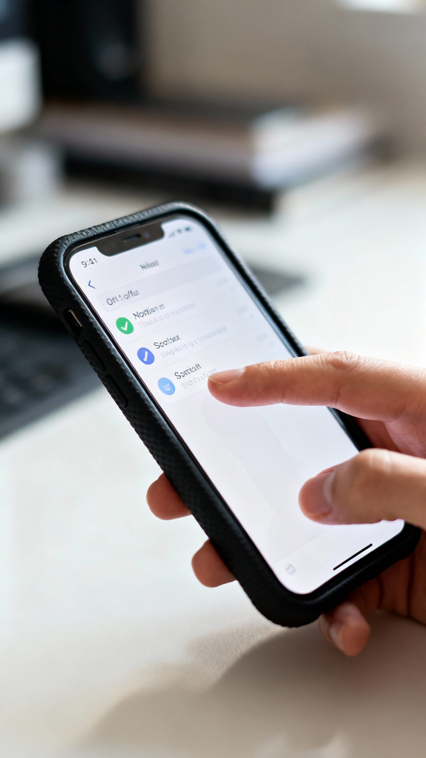 Closeup of smartphone notifications toggled off, matte black case, fingers swiping, blurred workspac