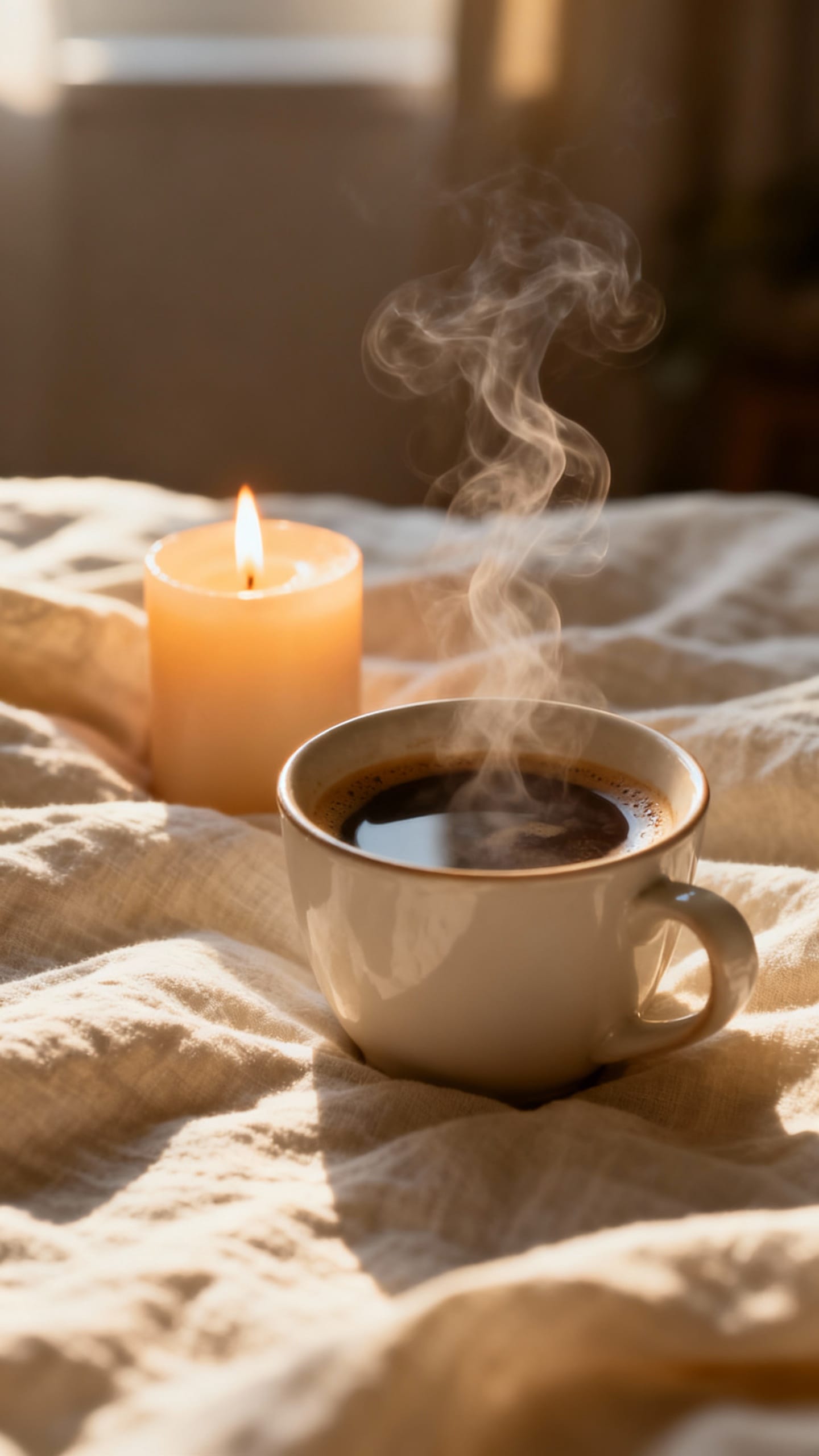 Closeup of steaming coffee beside lit candle, linen sheets, soft morning light