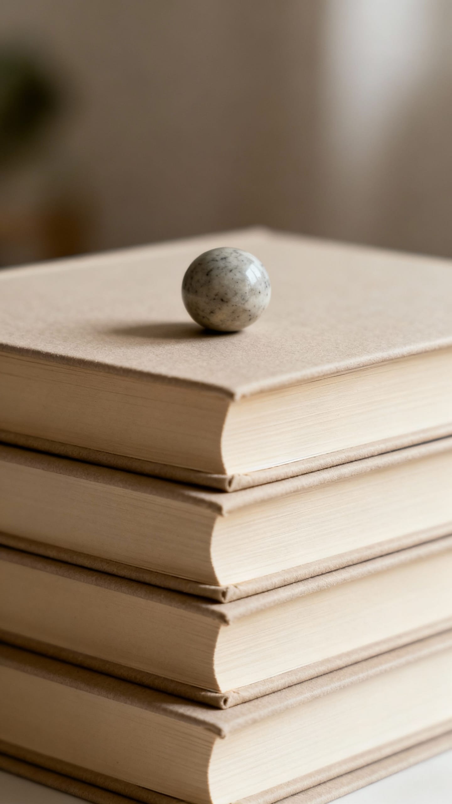 Closeup stacked neutral books with paperweight, inch spacing