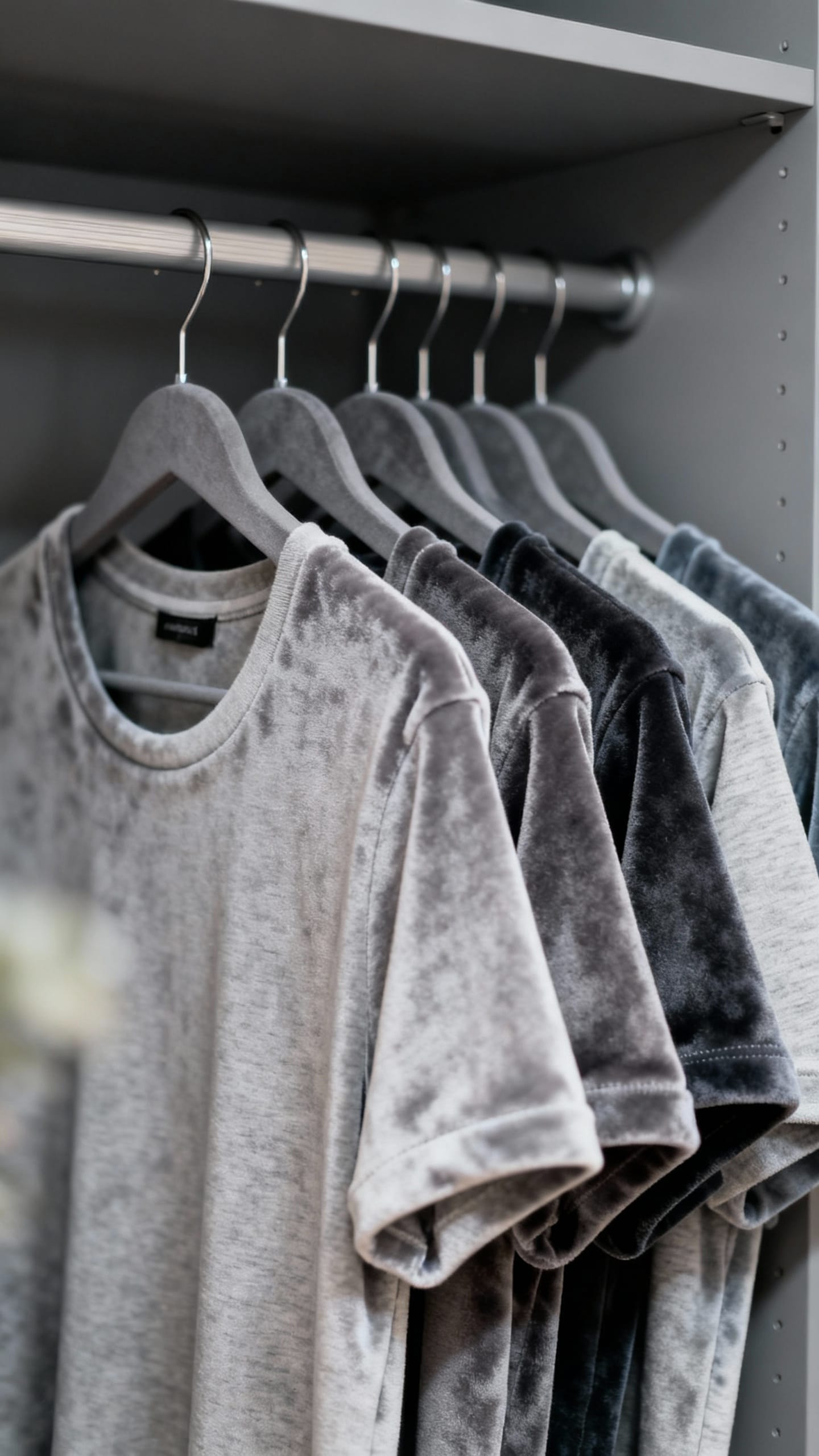 Closeup uniform velvet hangers with color-graded tees, gray closet