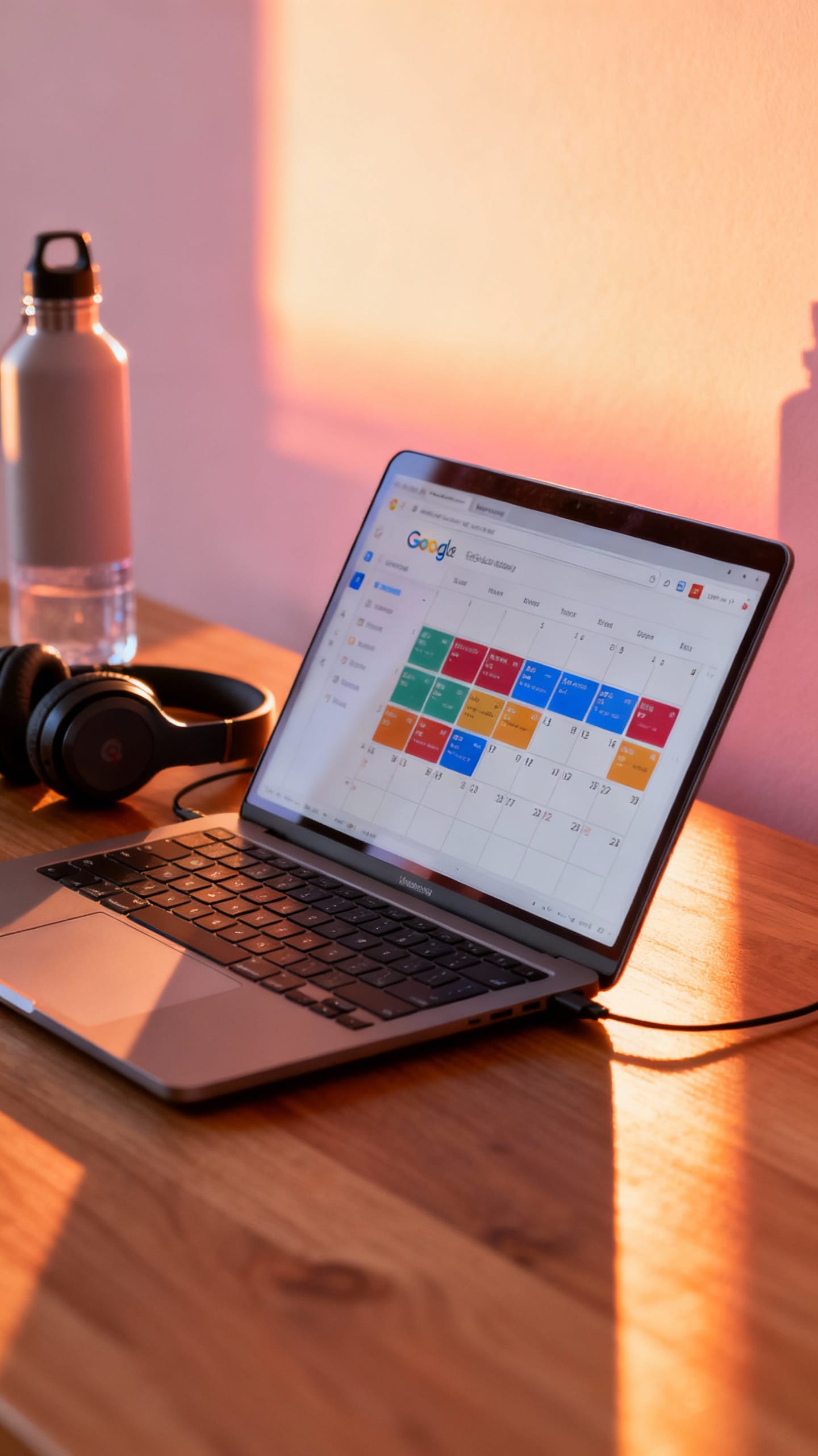 Color-coded Google Calendar on laptop beside charged headphones and water bottle, desk sunrise glow