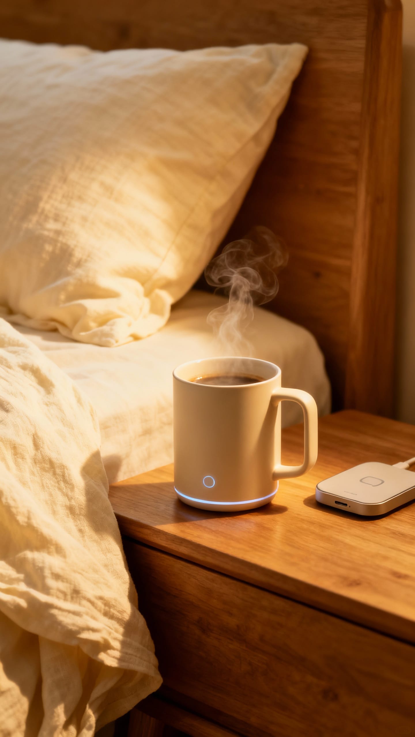 Cozy bedside scene with smart mug steaming on wooden nightstand, linen sheets, wireless charger