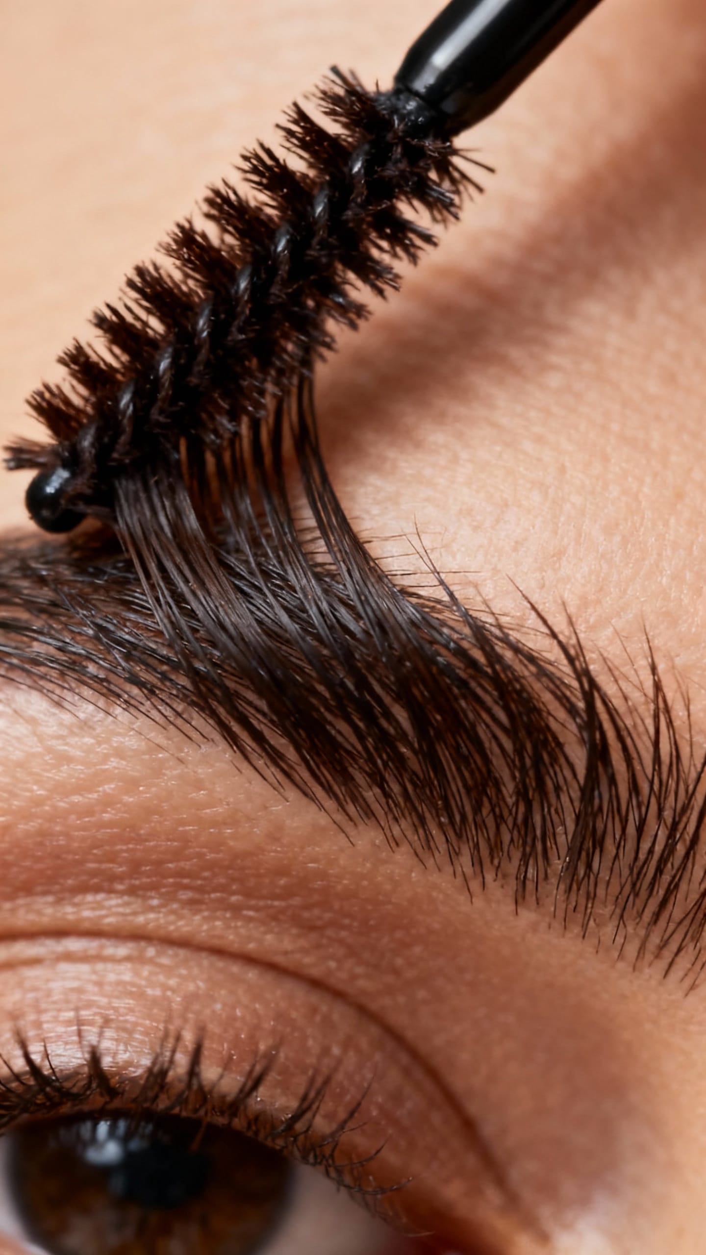 Detail shot of brow gel spoolie brushing up dark brows, backcombing then smoothing