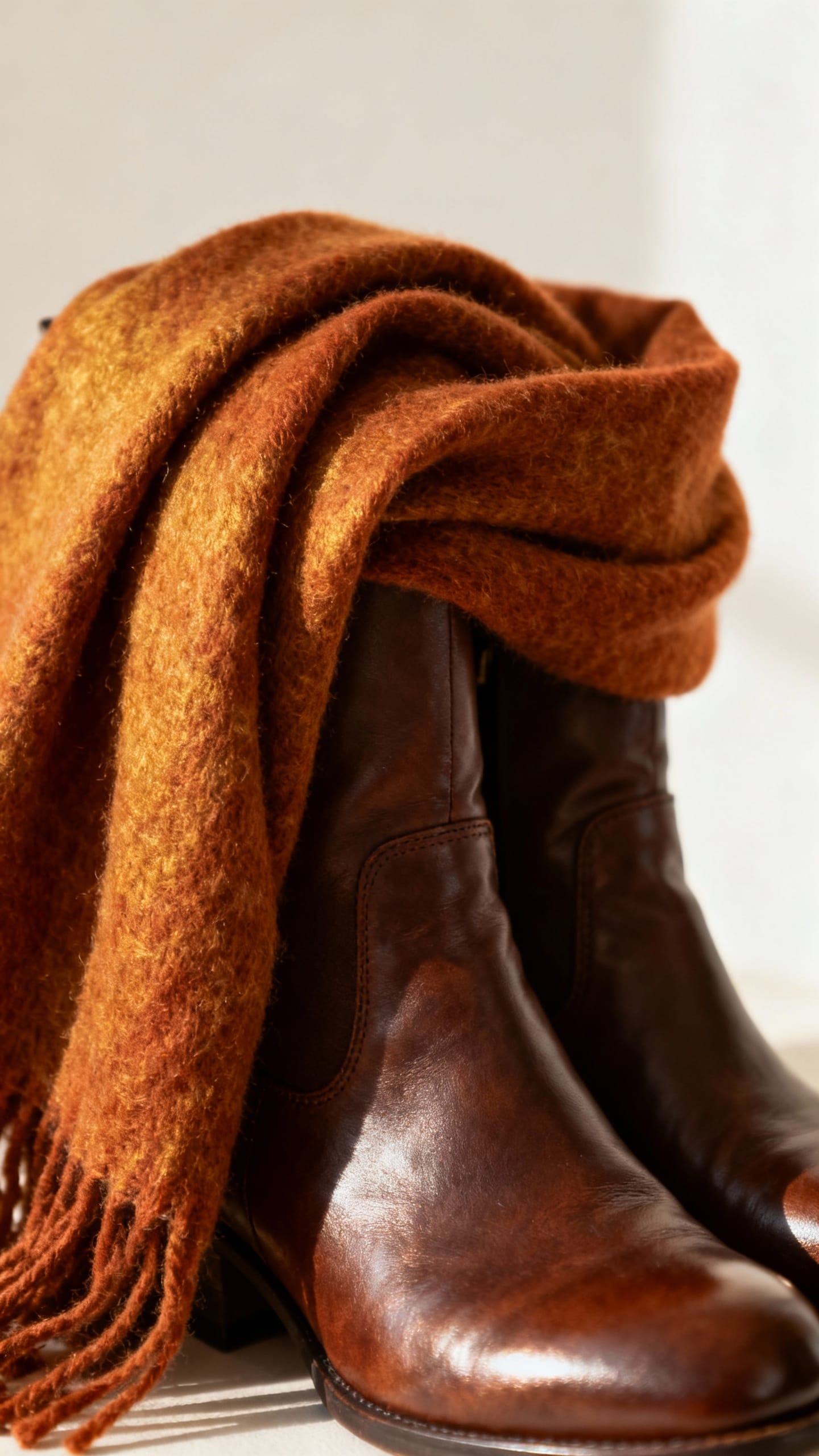 Detail shot: rust wool scarf draped over leather ankle boots