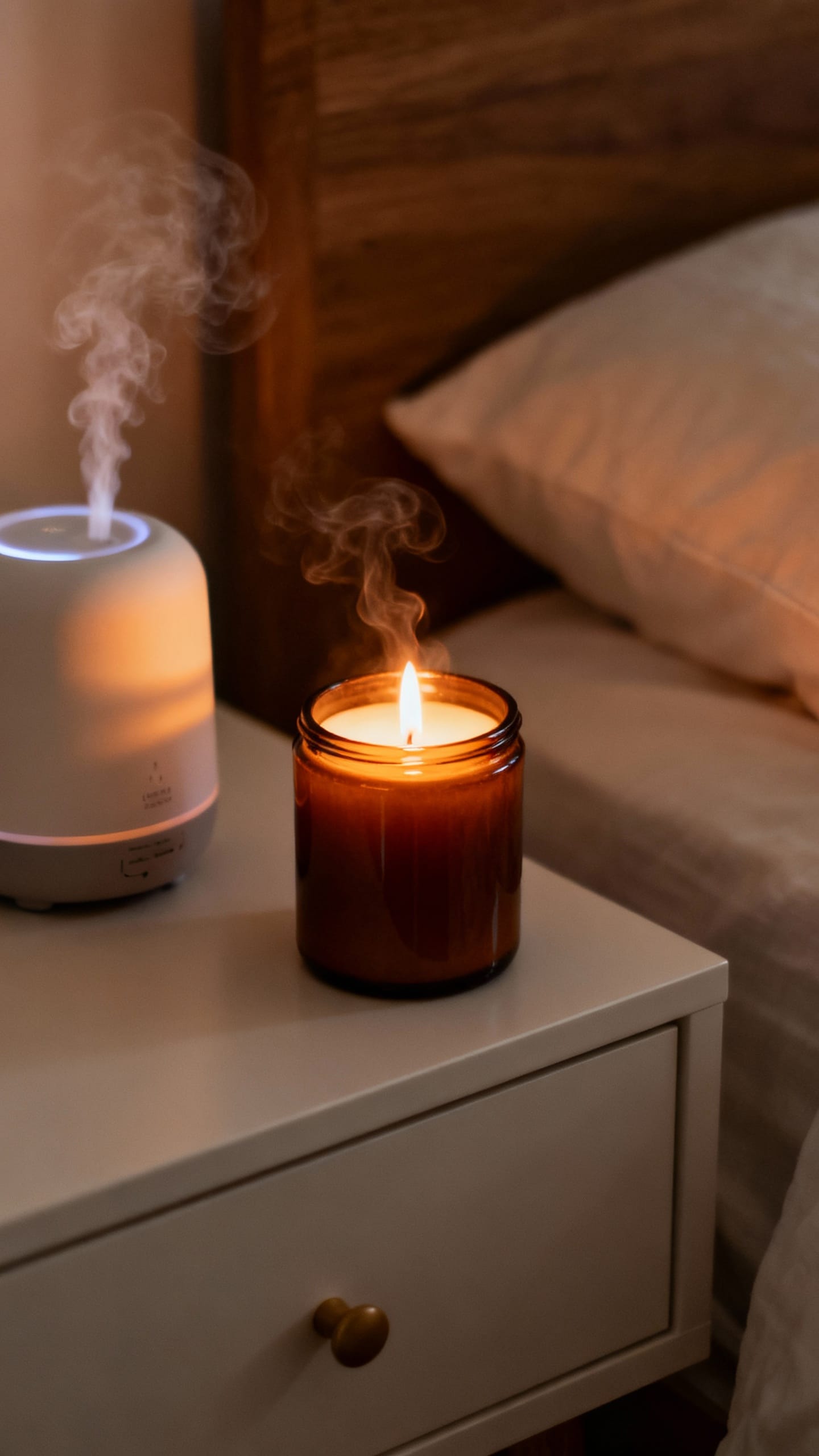Diffuser mist beside soy candle on tidy nightstand, amber glow