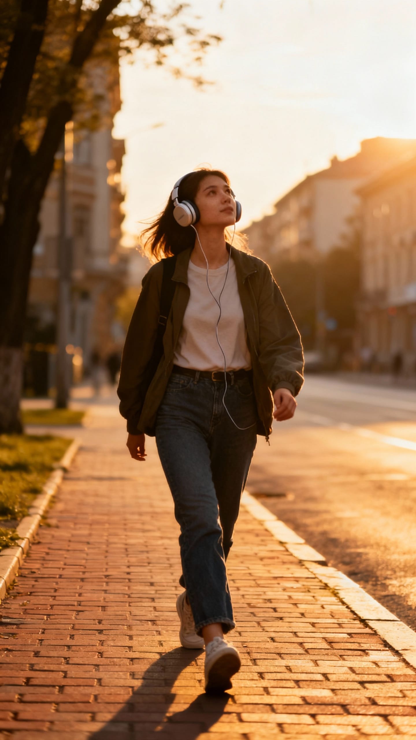 Female commuter walking with headphones, head up, golden hour sidewalk
