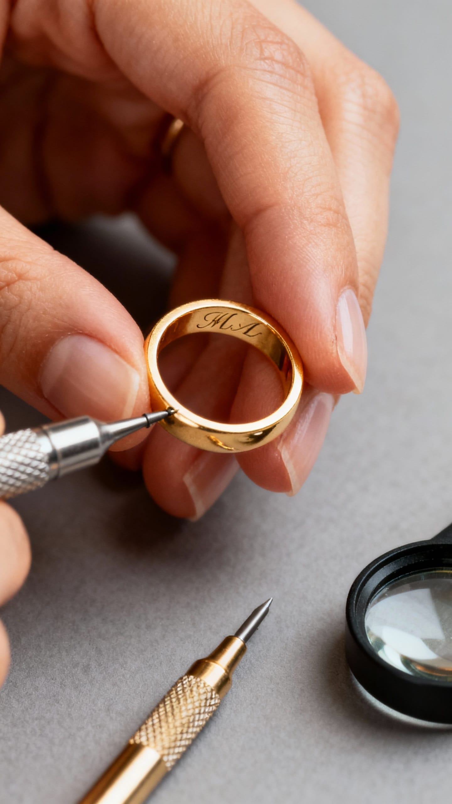 Female hand engraving initials inside gold ring, jeweler’s tools, soft light