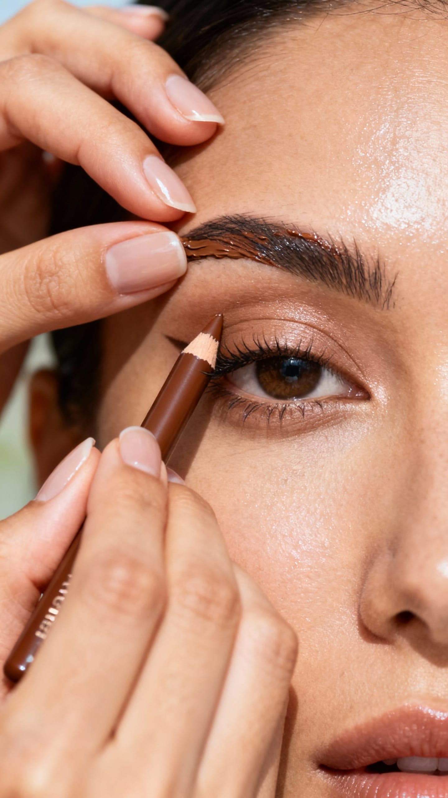 Female hands tightlining upper waterline with brown gel pencil