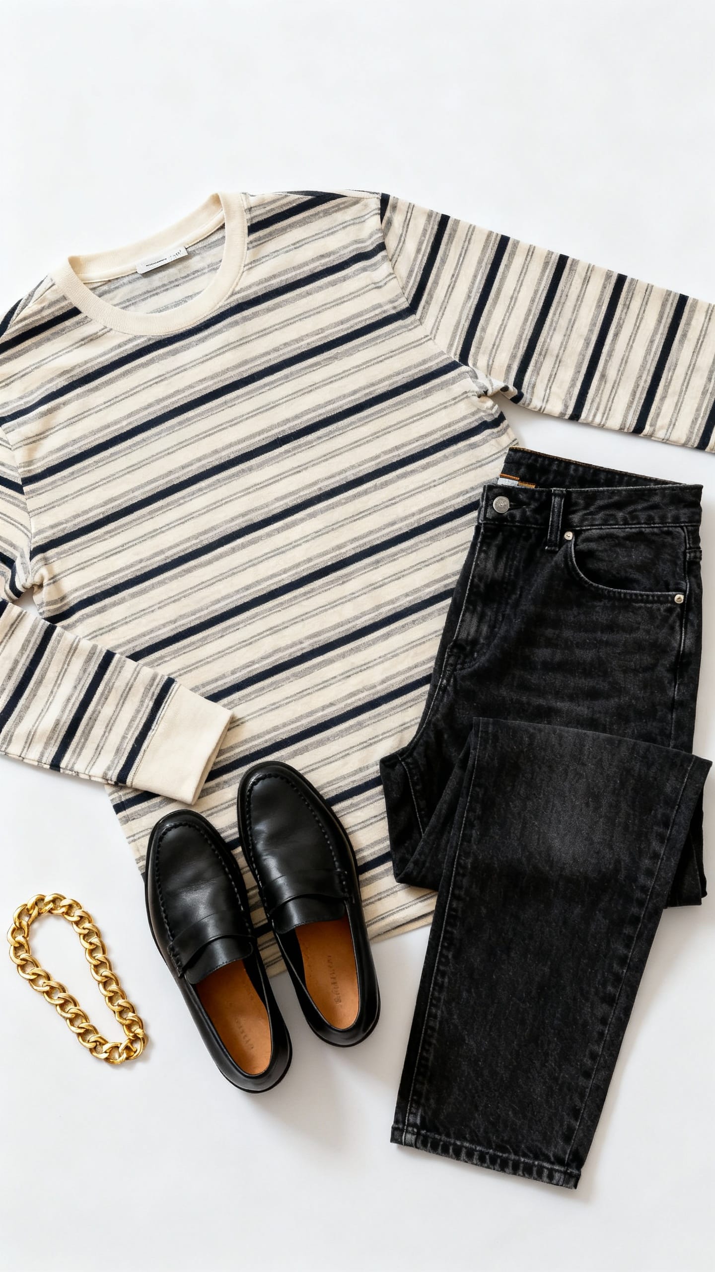 Flatlay: striped long-sleeve, dark denim, black loafers, gold chain