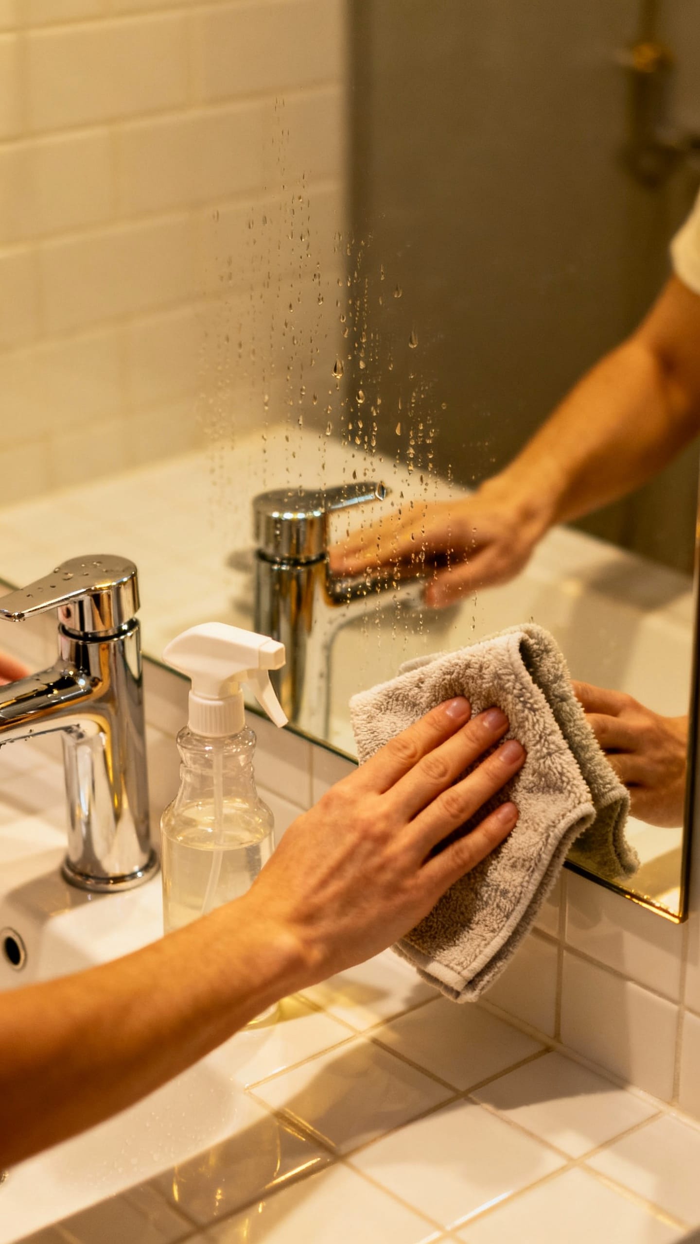 Hands wiping bathroom mirror, microfiber cloth and spray bottle, chrome faucet reflections