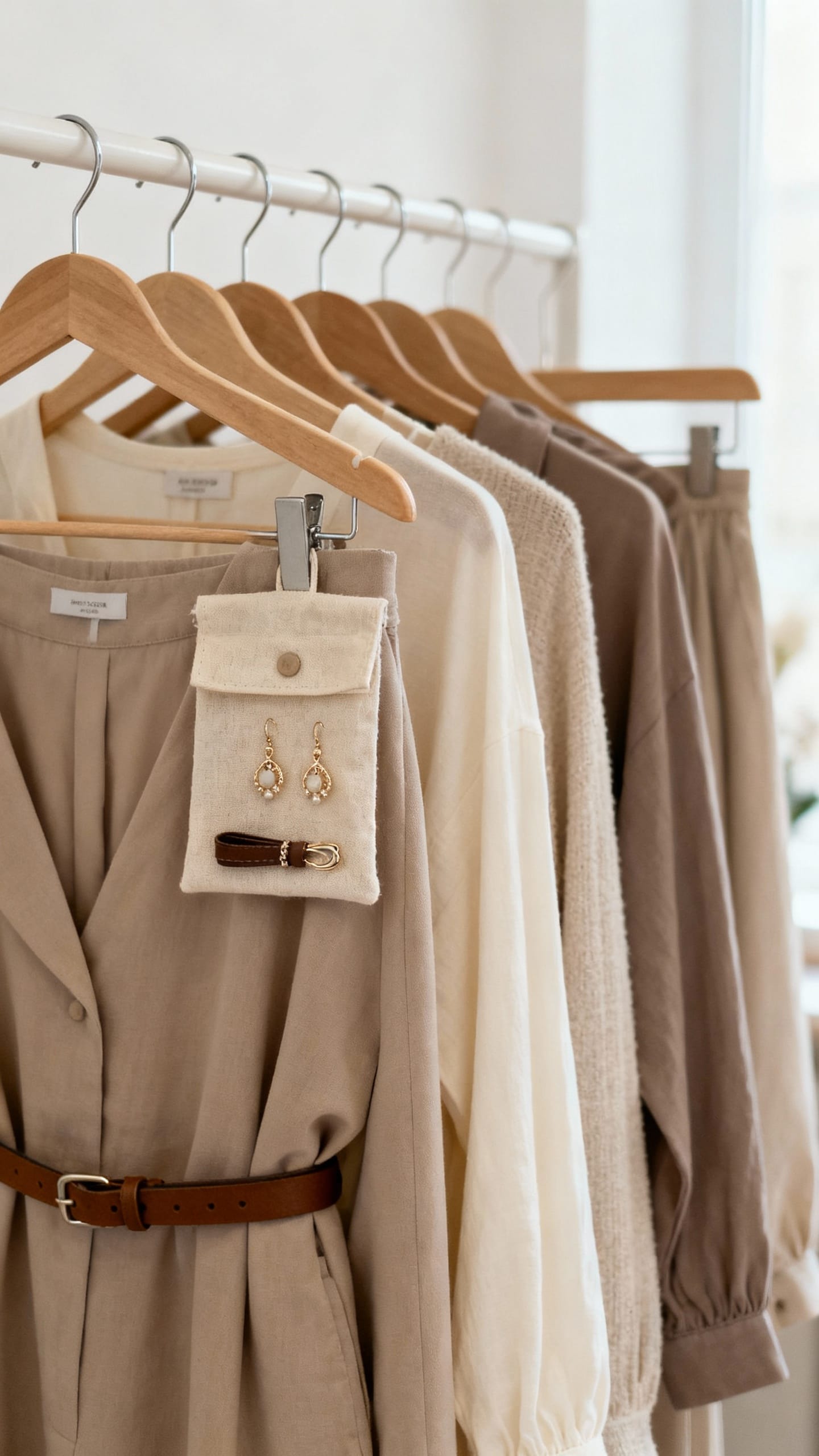 Hanger row with full outfits, pouches holding earrings and belt, neutral palette