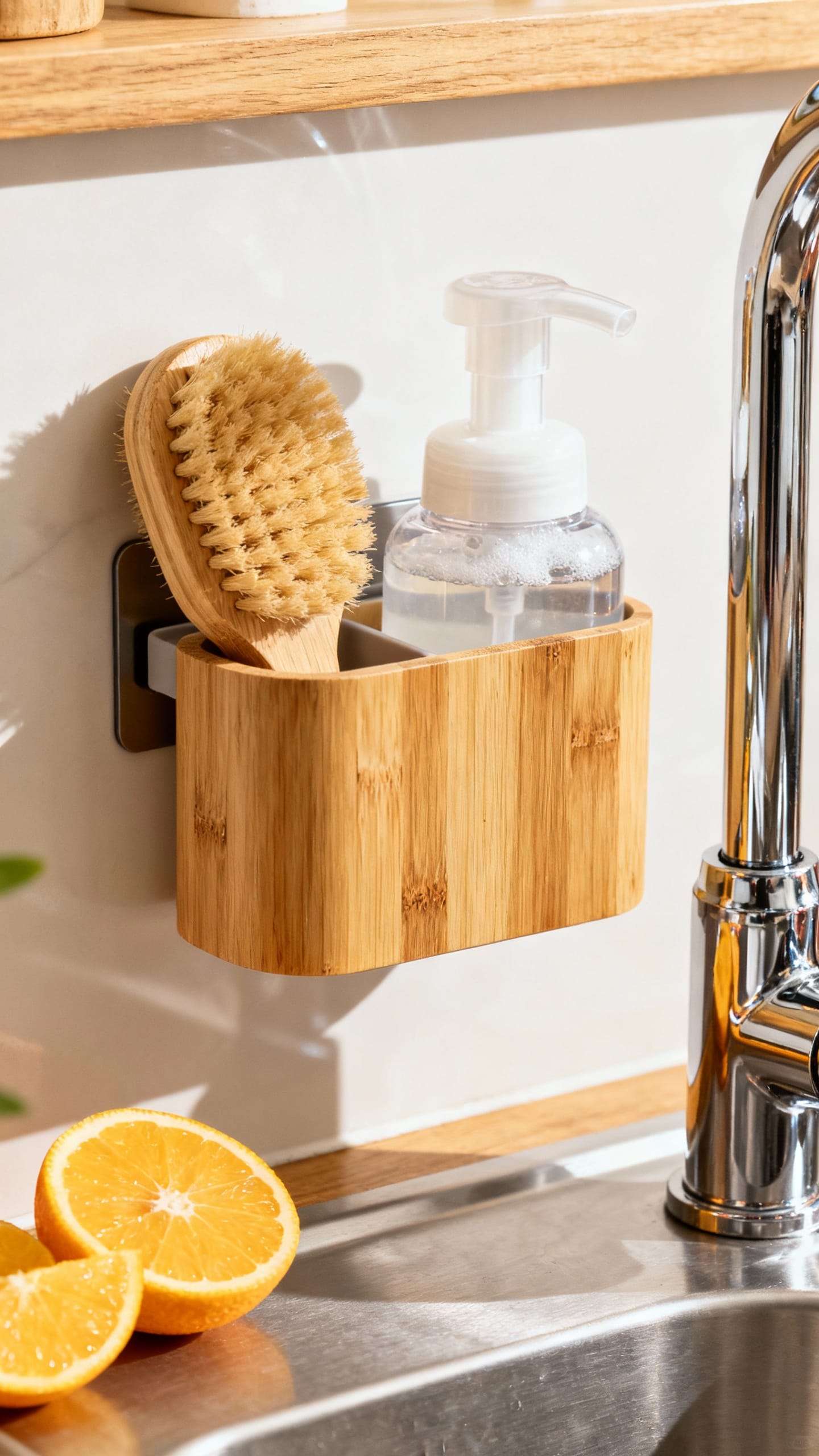 Kitchen sink closeup with magnetic caddy, bamboo scrub brush, foaming soap dispenser, citrus slices 