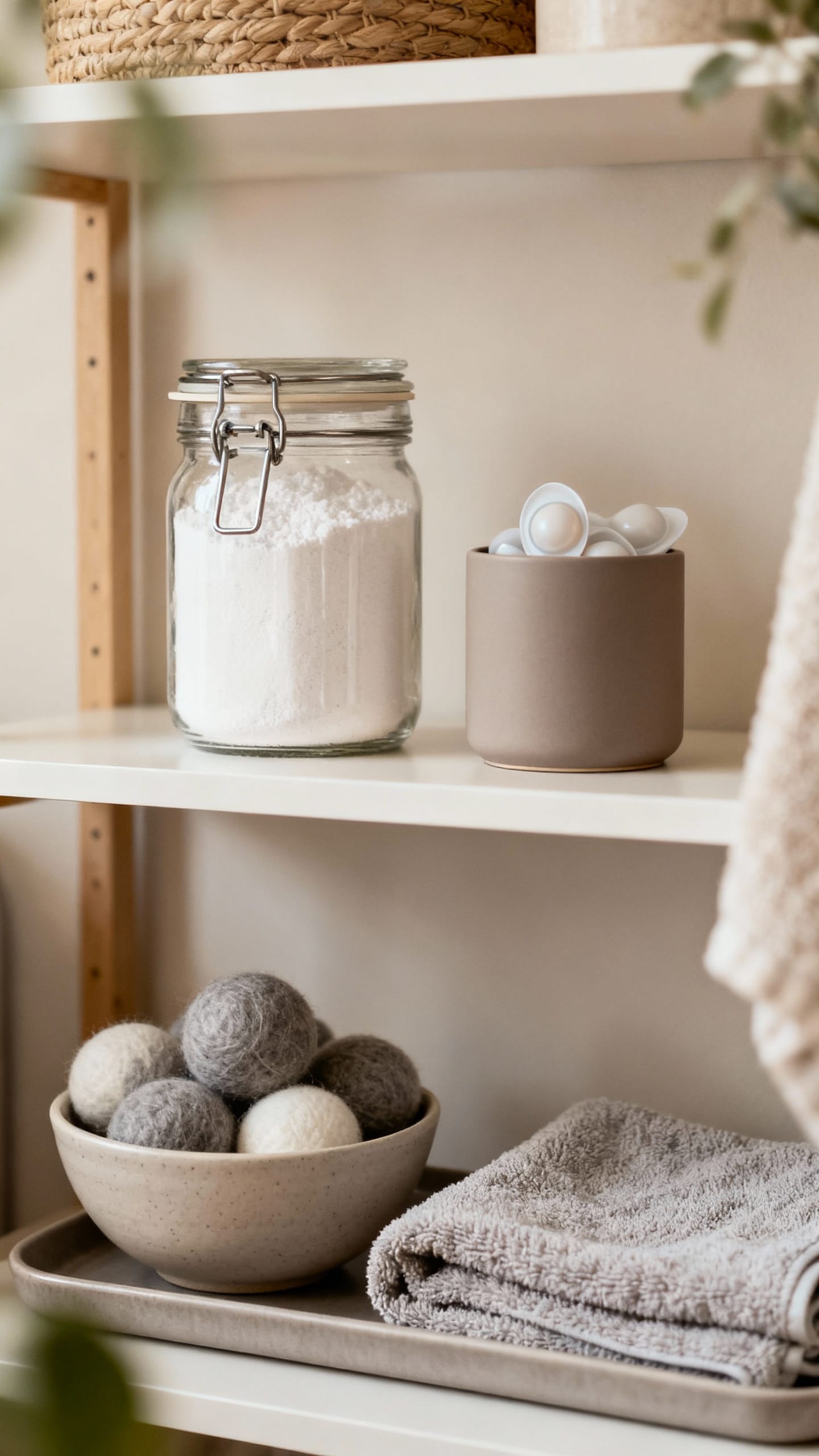 Laundry shelf vignette: clamp-lid jar of powder, matte canister of pods, wool dryer balls in bowl, m