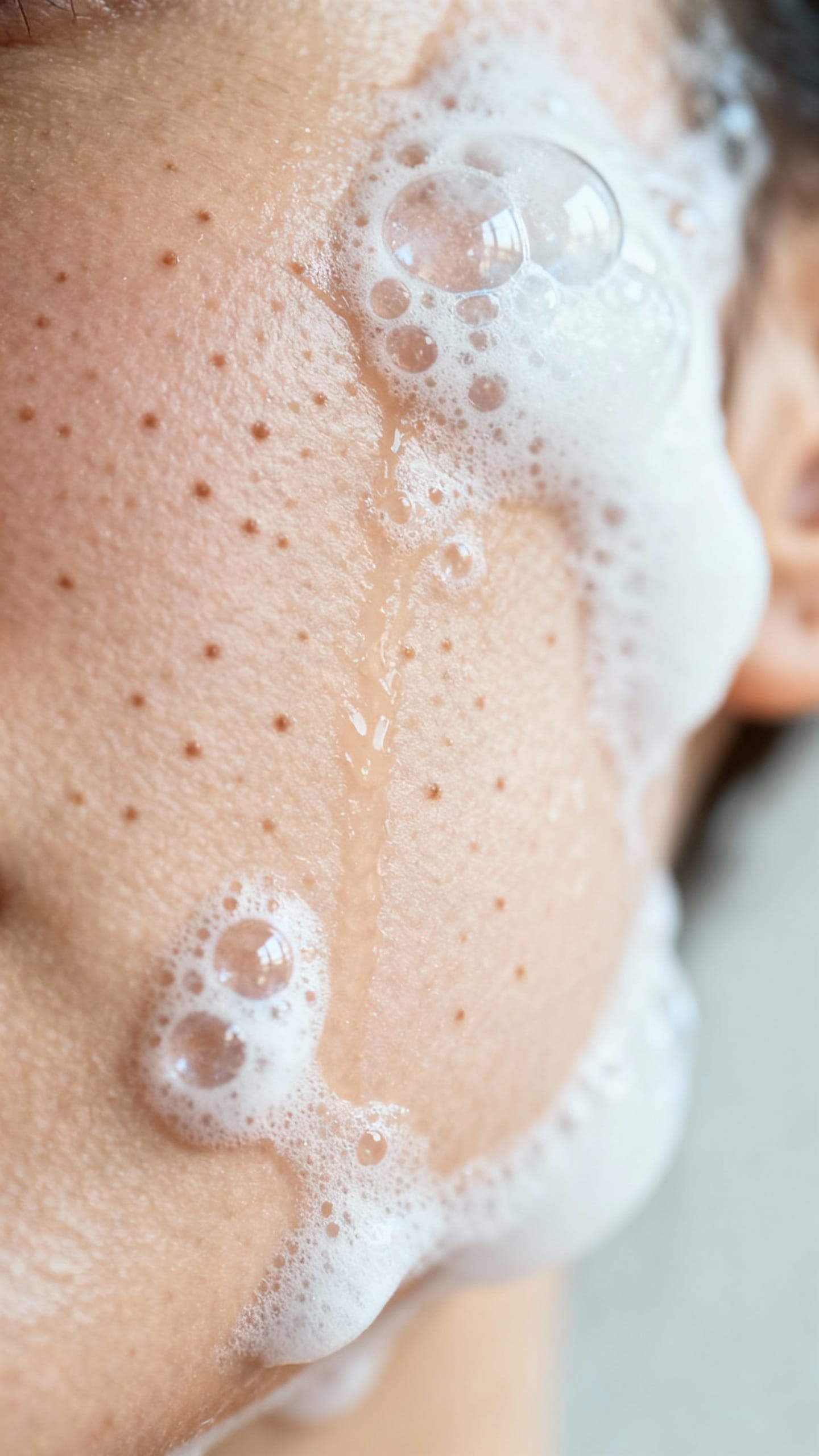 Macro shot of gel cleanser foaming on oily T-zone skin, visible pores
