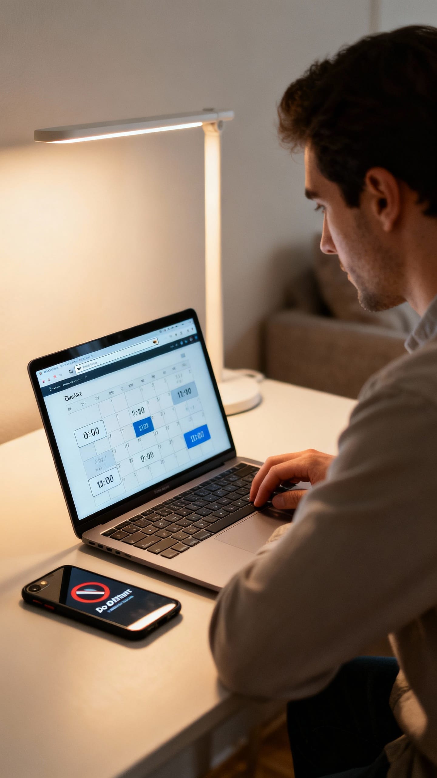 Male at laptop using calendar time blocks, Do Not Disturb enabled phone face down, single-tab browse