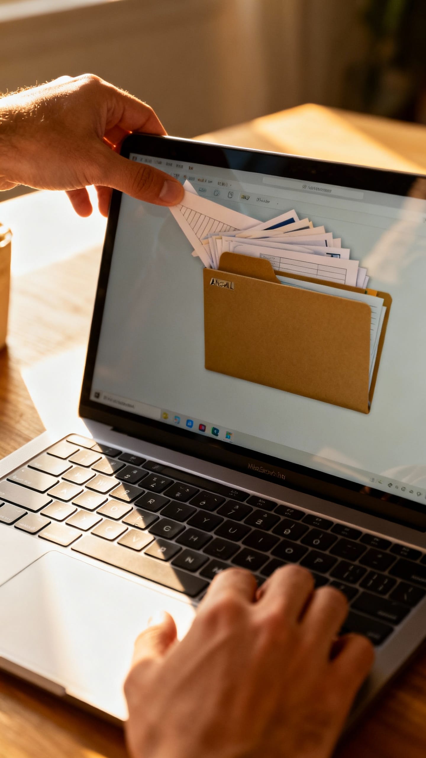 Male hands dragging messy desktop files into single archive folder on laptop, silver keyboard, soft