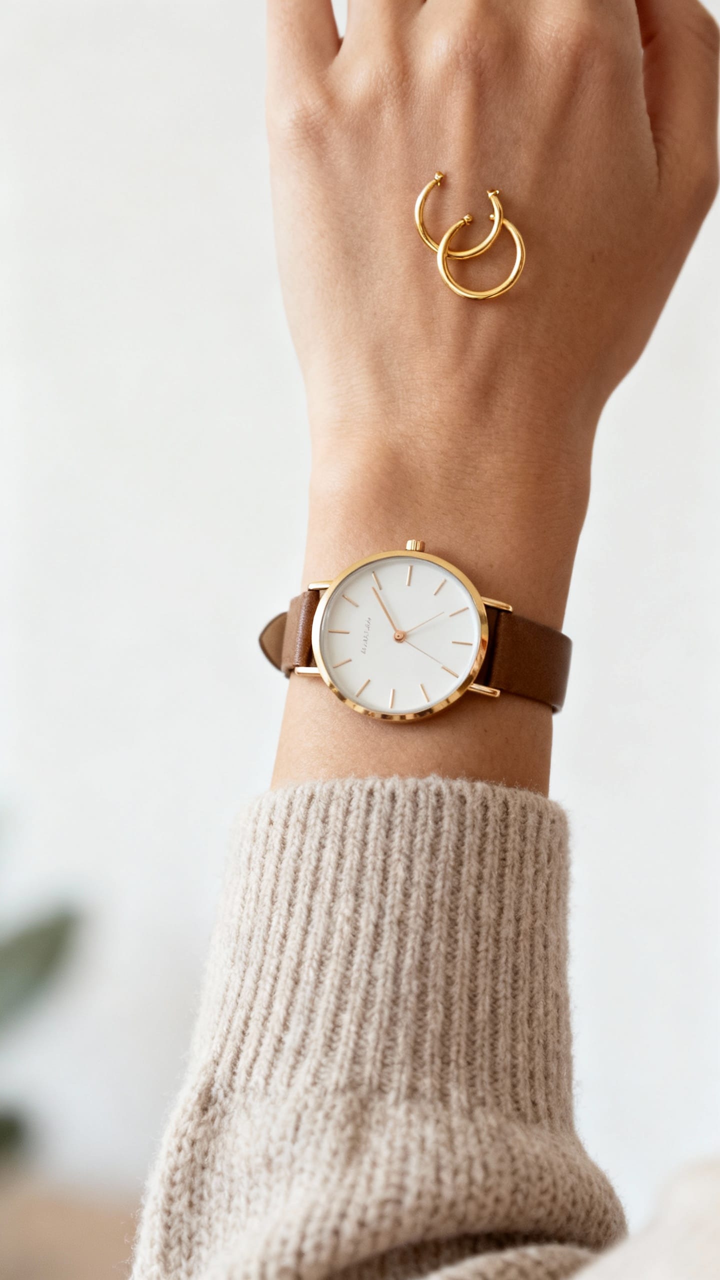 Minimal gold hoop earrings and analog watch on wrist, neutral knit sleeve