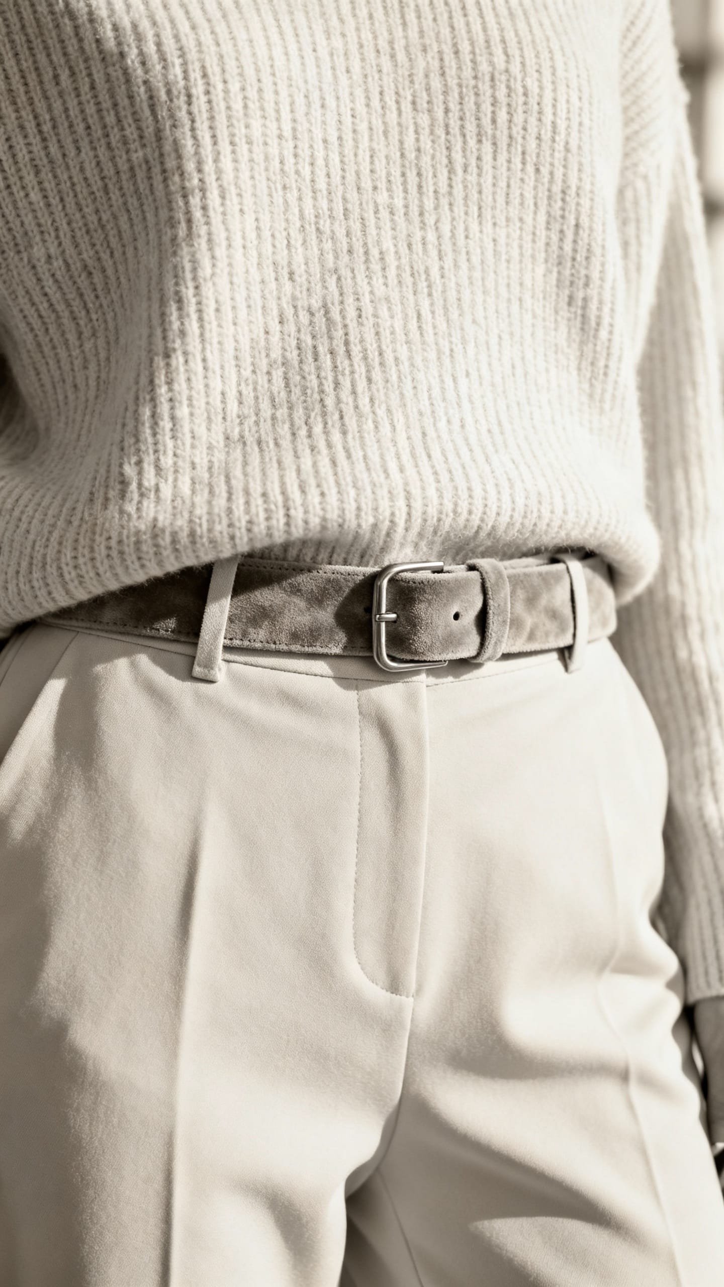 Monochrome cream outfit detail: ribbed knit sweater, matte trousers, suede belt