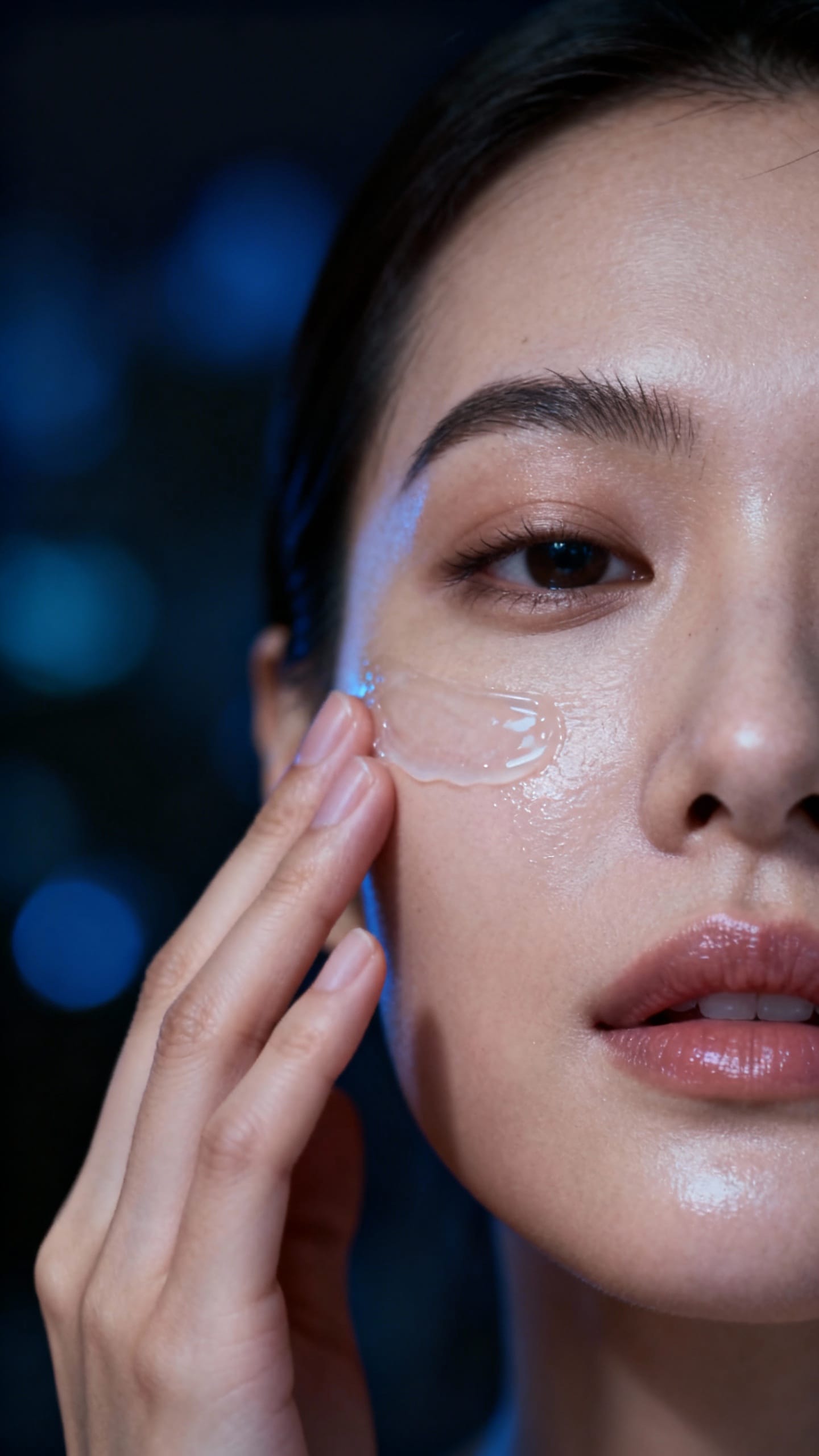 Night scene, female face closeup, layering moisturizer over retinoid-treated skin