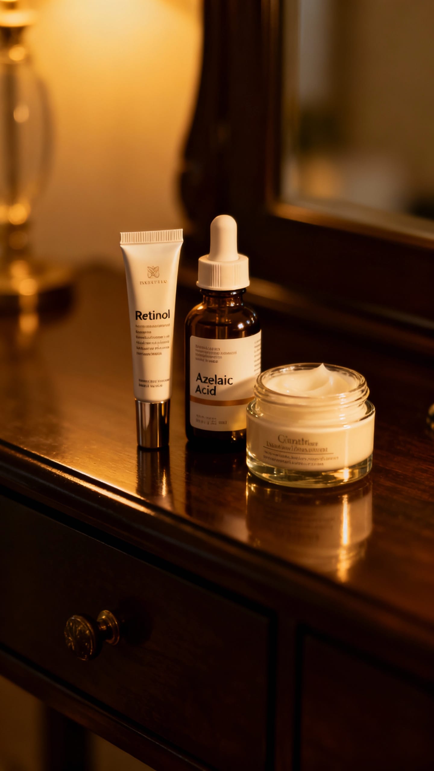 Night vanity scene: retinol tube, azelaic acid bottle, moisturizer jar, soft lamp lighting
