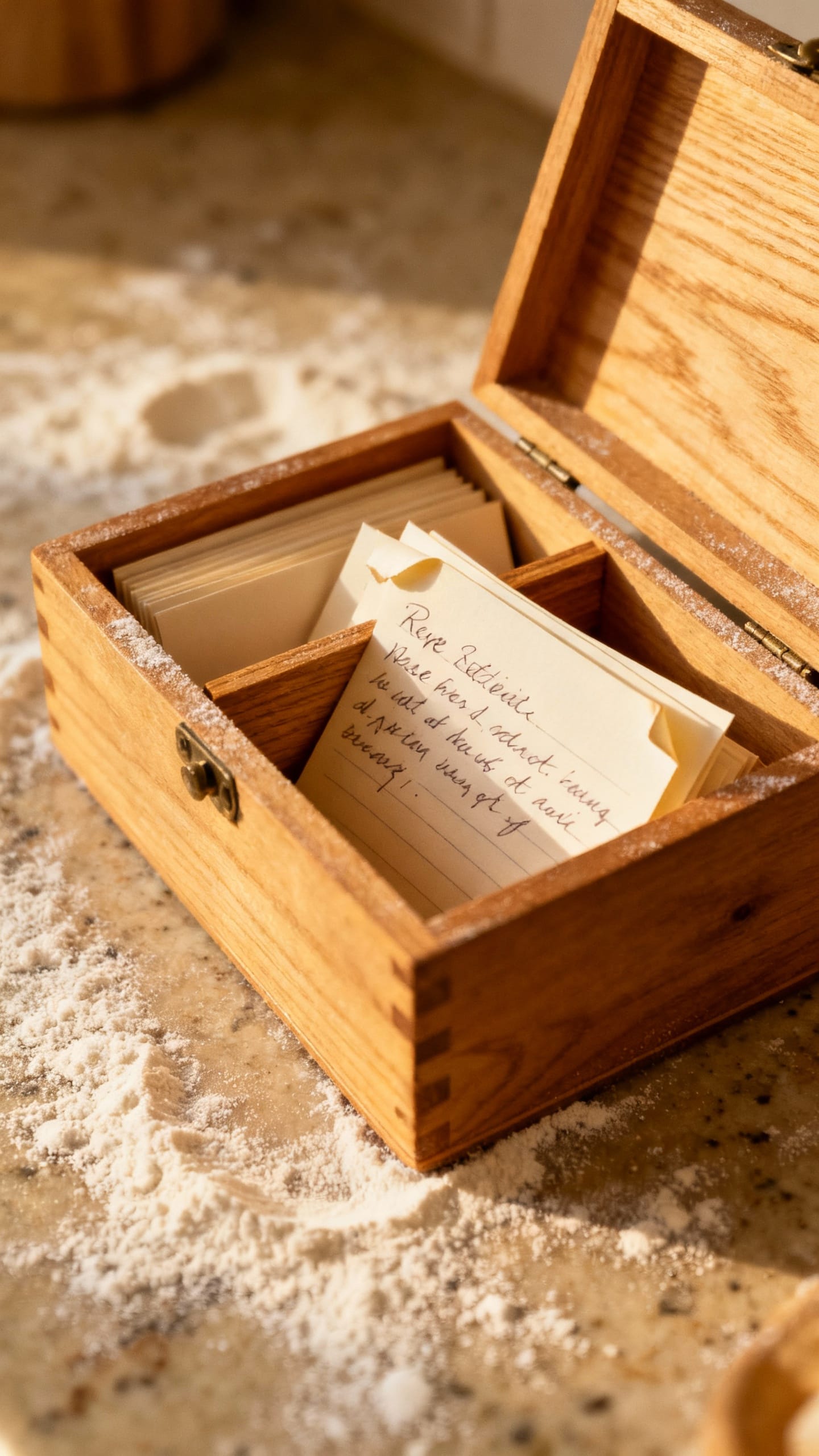 Open recipe box with handwritten cards, wooden dividers, flour-dusted countertop, warm light