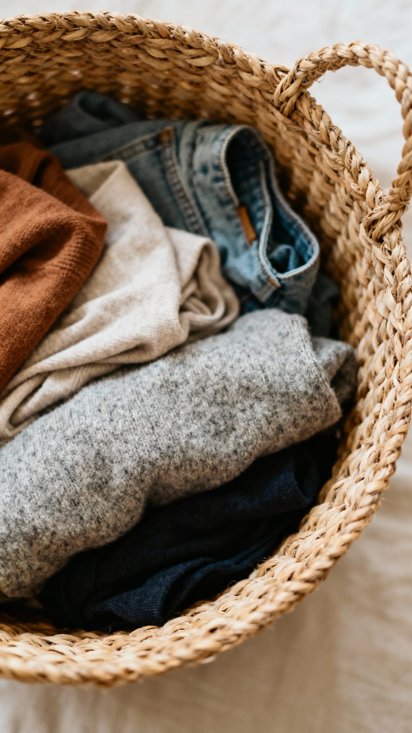 Overhead view “maybe” bin with mixed garments, woven basket