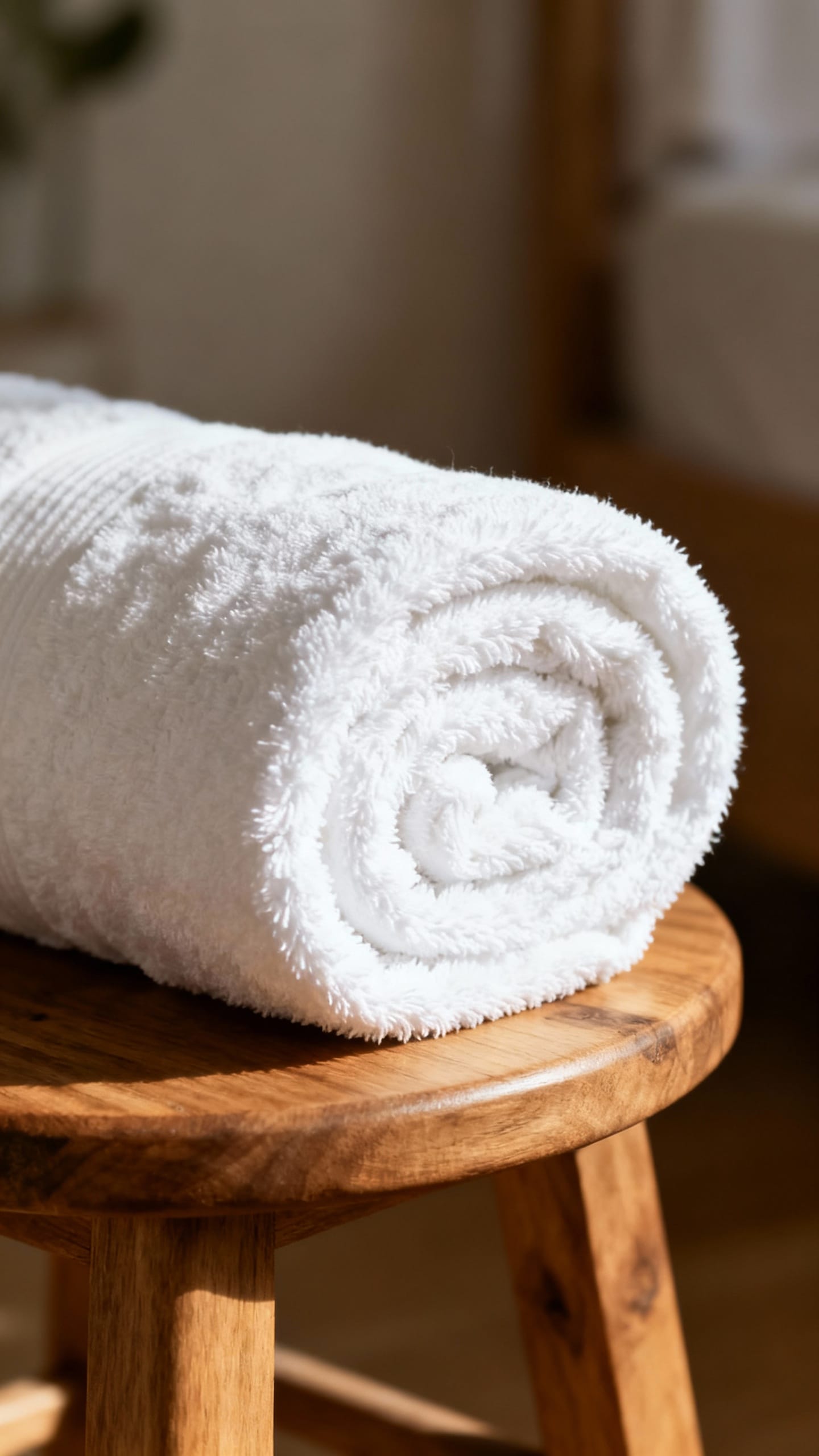 Rolled oversized white bath towel on wooden stool, plush texture