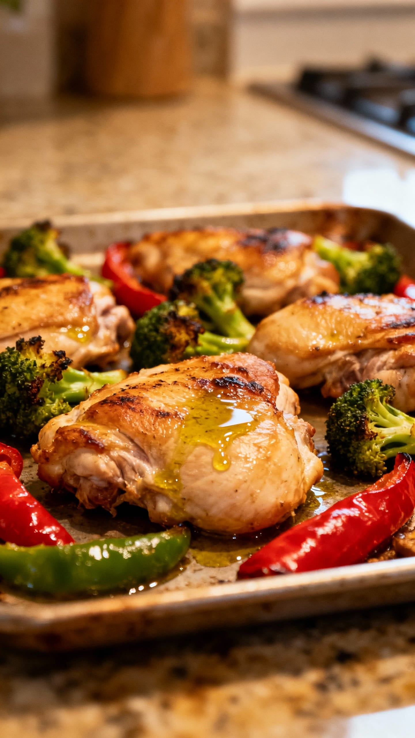 Sheet-pan chicken thighs with roasted broccoli and peppers, olive oil glisten, kitchen counter