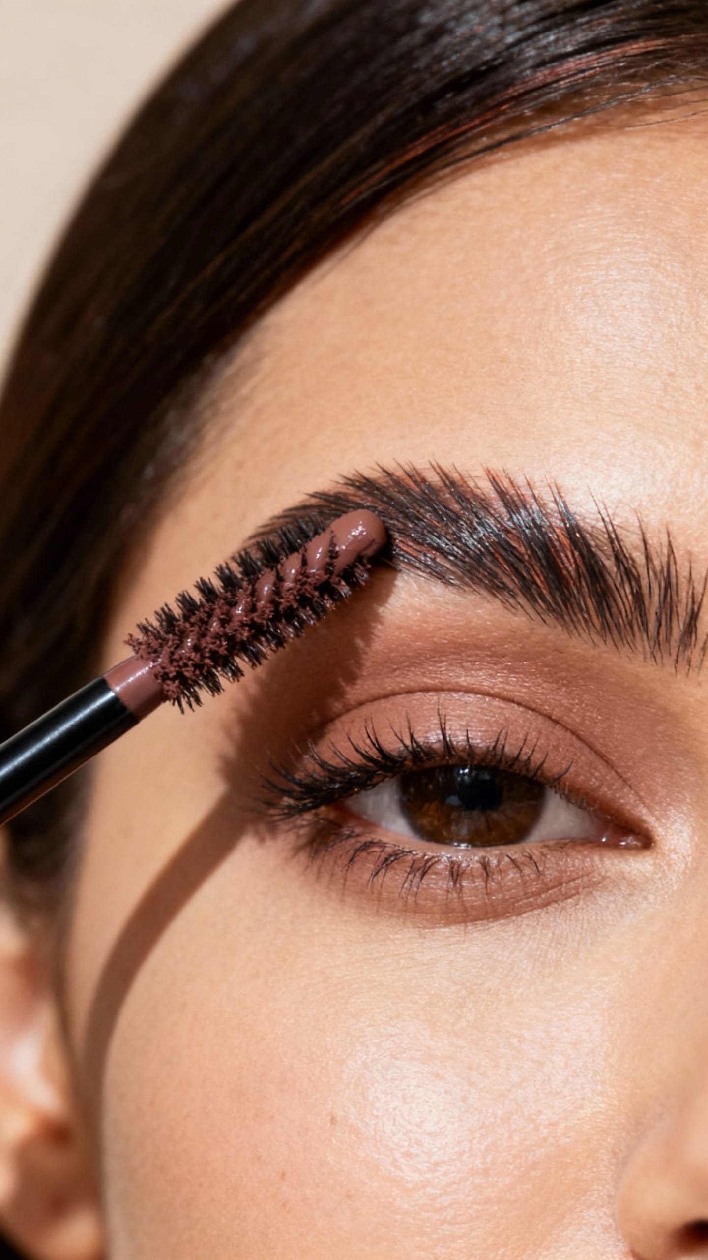 Tinted brow gel brushing sparse tail, dark brunette hairs