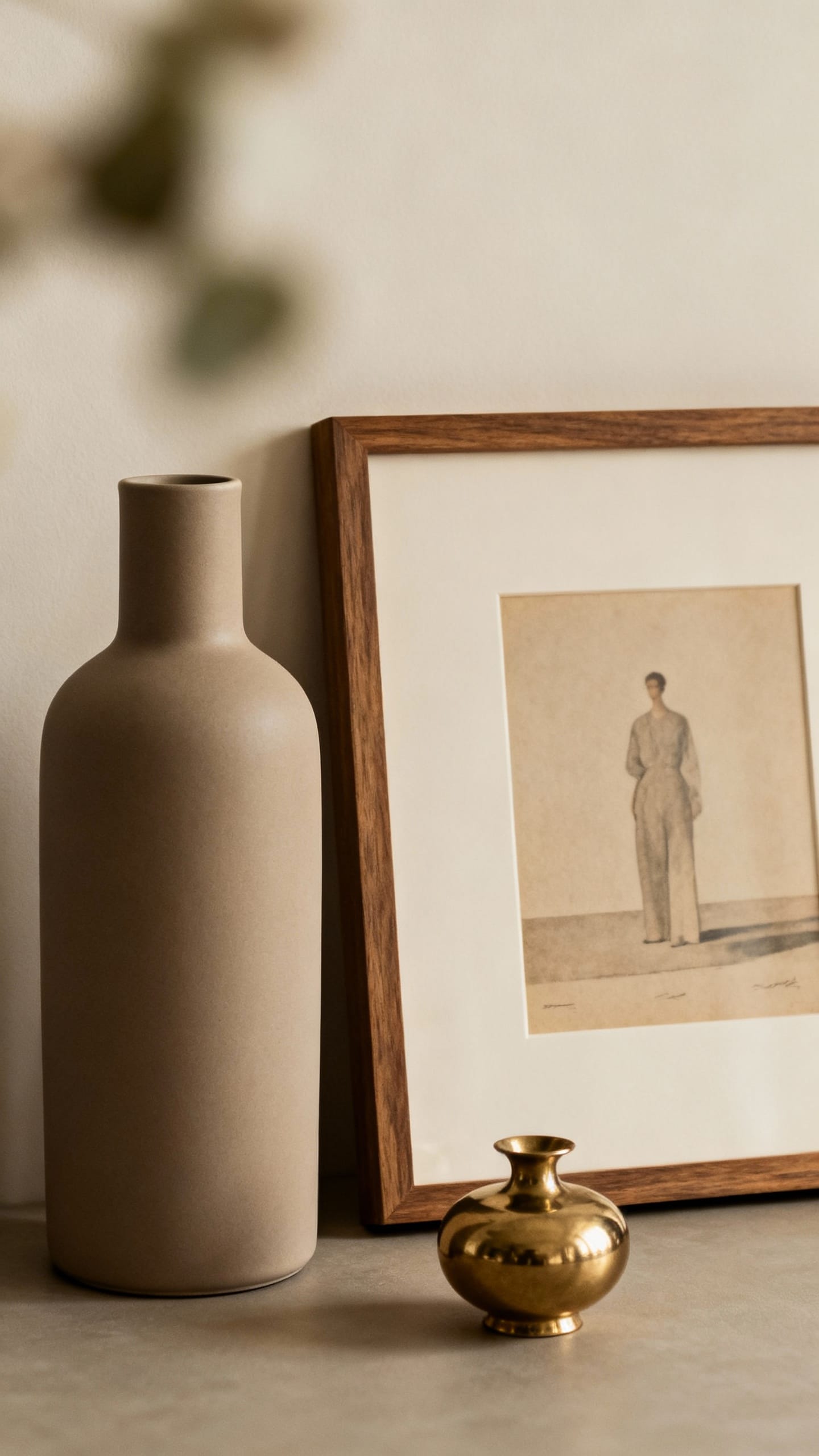 Triangular arrangement: tall matte vase, medium framed print, small brass object
