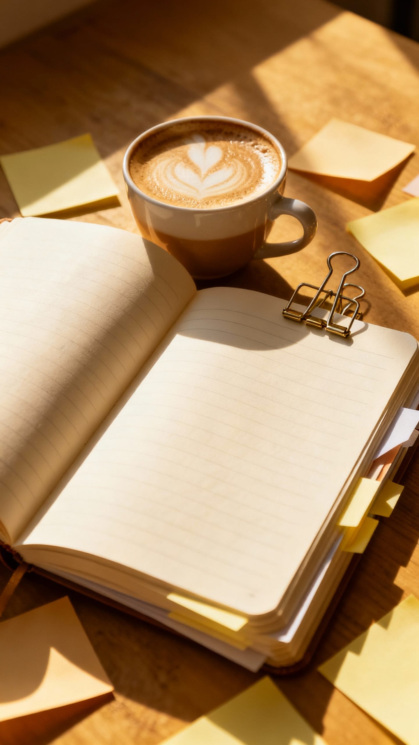 Weekly reset scene, cappuccino beside open notebook, scattered sticky notes, metal clip, warm aftern