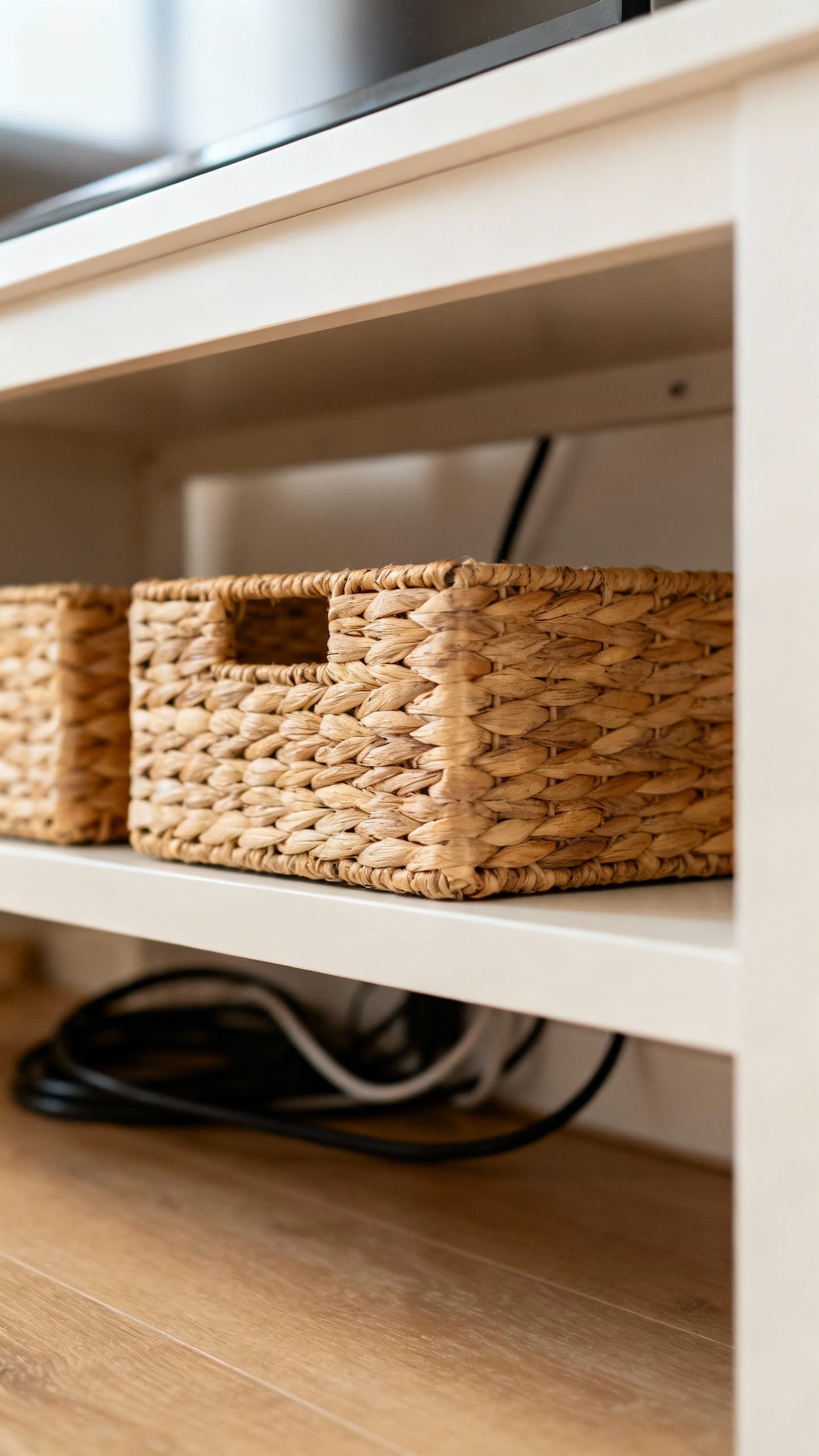 Woven baskets on lower shelf, labeled subtly, hidden cables